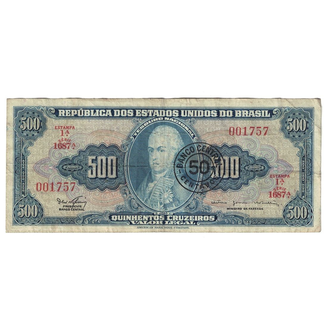 Nota, Brasil, 50 Centavos on 500 Cruzeiros, Undated (1967), KM:186a, VF(20-25)