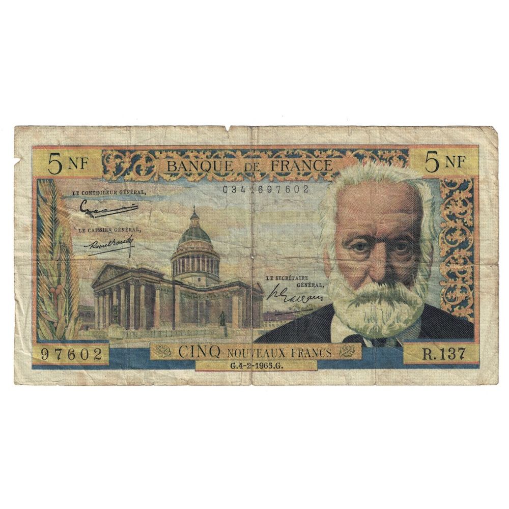 França, 5 Nouveaux Francs, Victor Hugo, 1965, R.137, F(12-15), Fayette:56.17