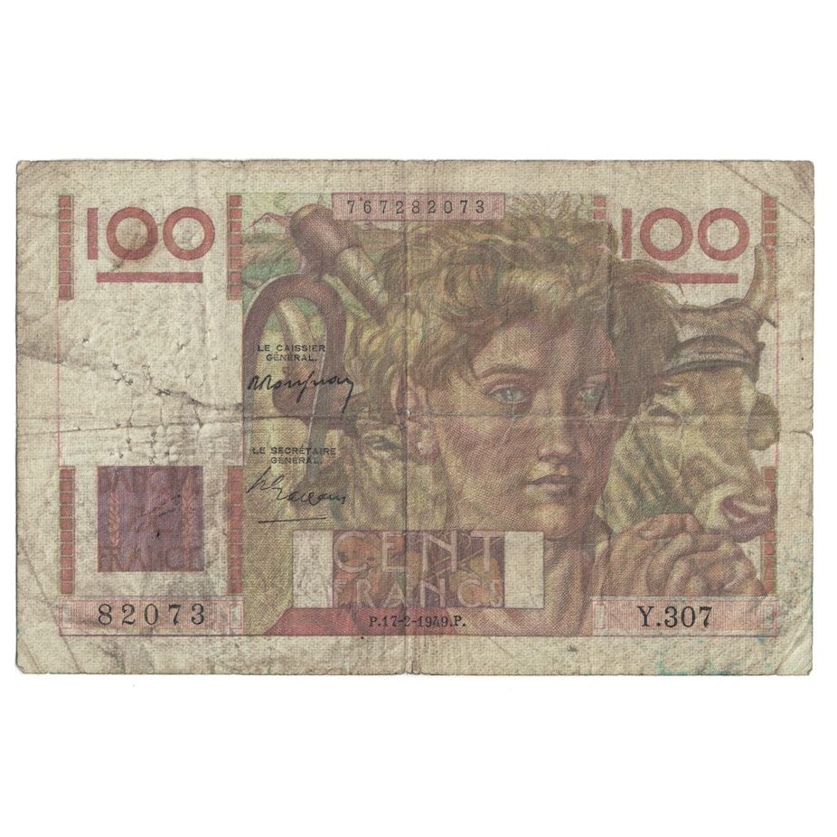 Francja, 100 Francs, Jeune Paysan, 1949, Y.307, F(12-15), Fayette:28.22, KM:128b