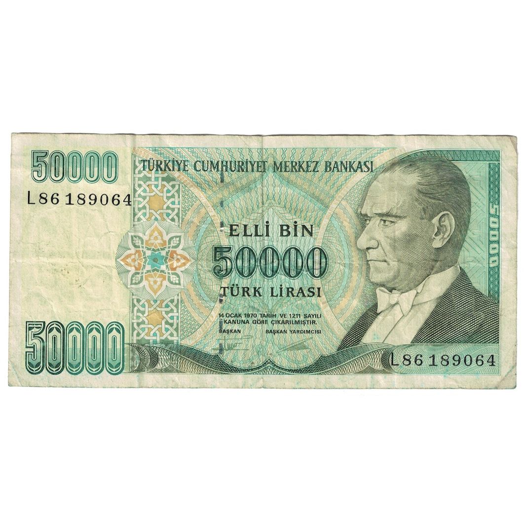 Geldschein, Türkei, 50,000 Lira, 1989, KM:203a, S+