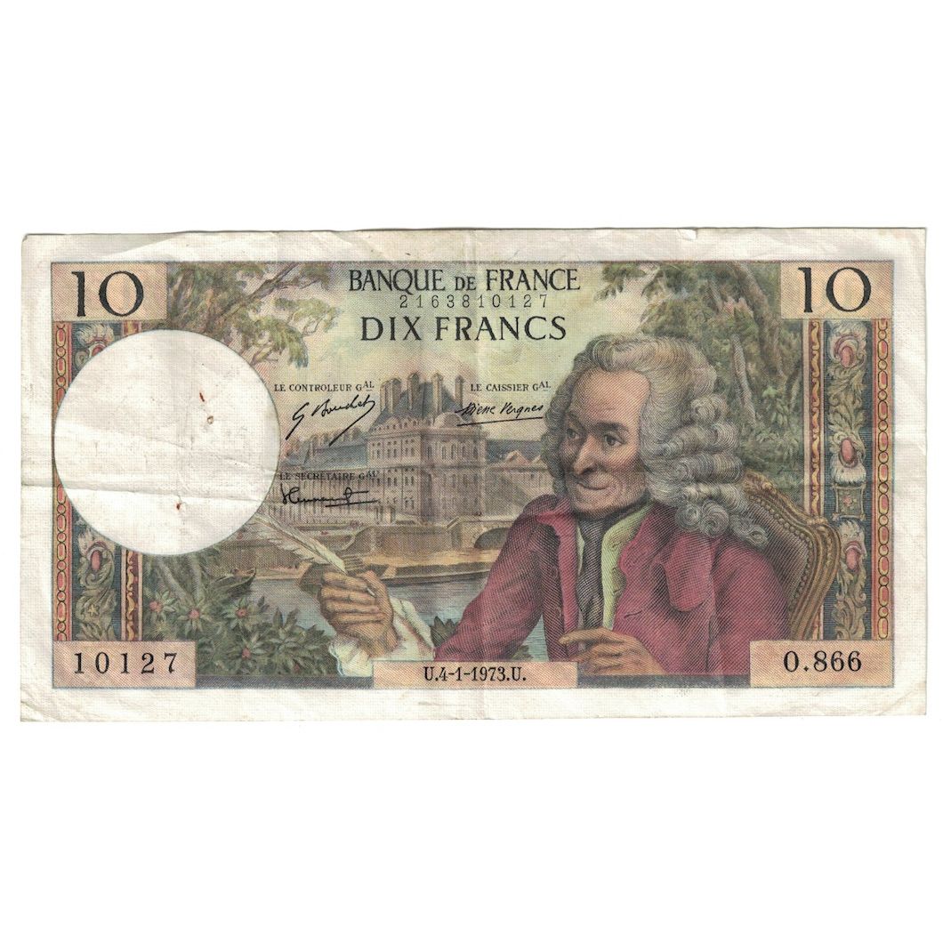 France, 10 Francs, Voltaire, 1973, 0.866, EF(40-45), Fayette:62.60, KM:147d