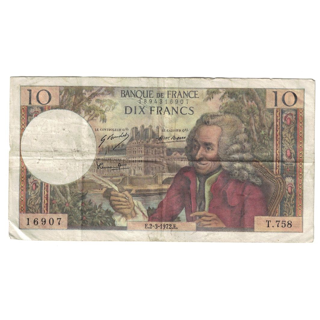França, 10 Francs, Voltaire, 1972, T.758, VF(30-35), Fayette:62.55, KM:147d
