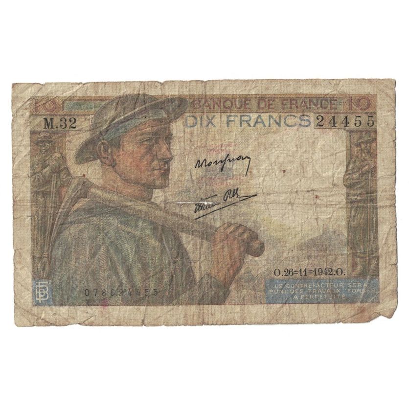 France, 10 Francs, Mineur, 1942, M.32, F(12-15), Fayette:8.6, KM:99e