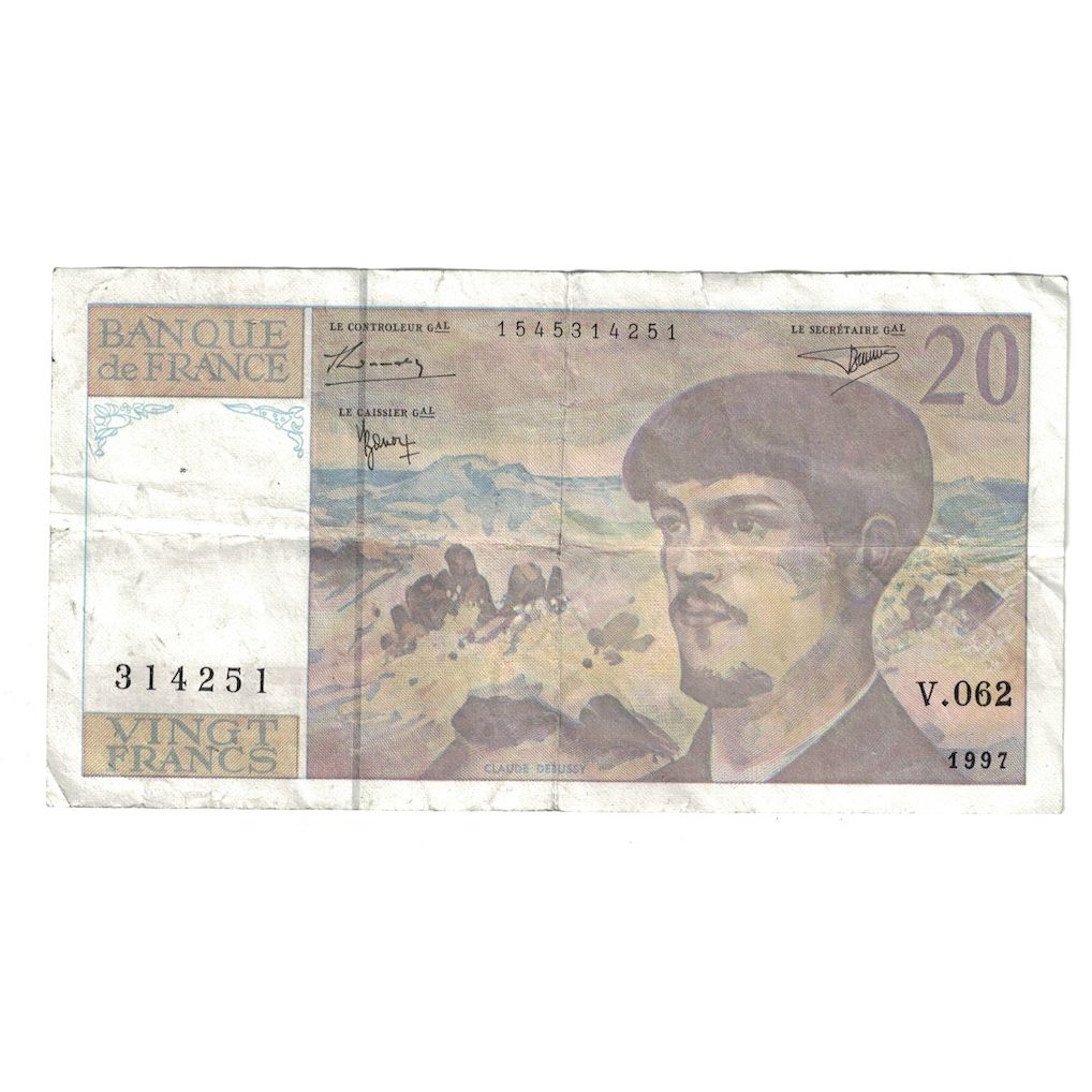 Francia, 20 Francs, Debussy, 1997, V.062, BC+, Fayette:66ter.02A62, KM:151i
