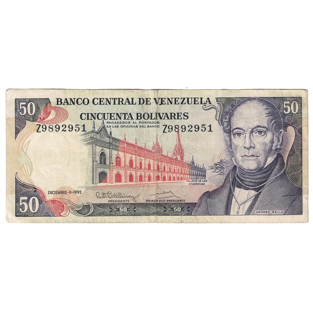 Banknote, Venezuela, 50 Bolivares, 1992, 1992-12-08, KM:65d, VF(20-25)