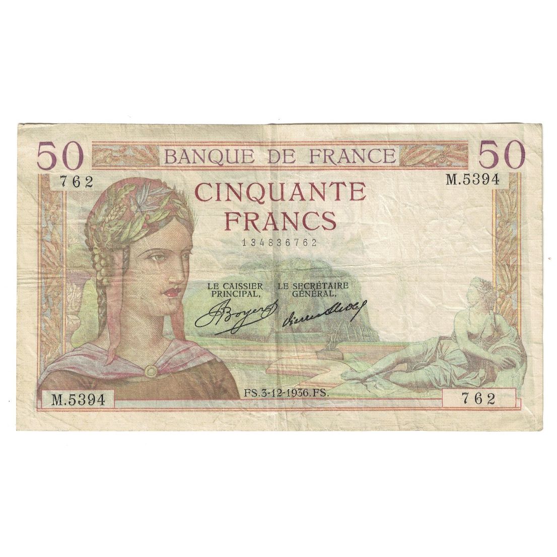 Francia, 50 Francs, Cérès, 1936, M.5394, MB+, Fayette:17.32, KM:81