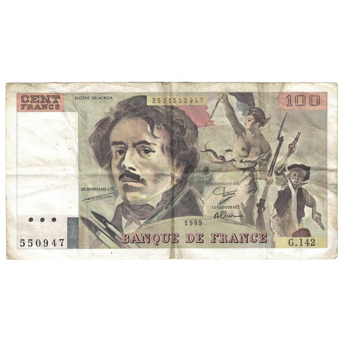 França, 100 Francs, Delacroix, 1989, G.142, VF(20-25), Fayette:69.13b, KM:154d