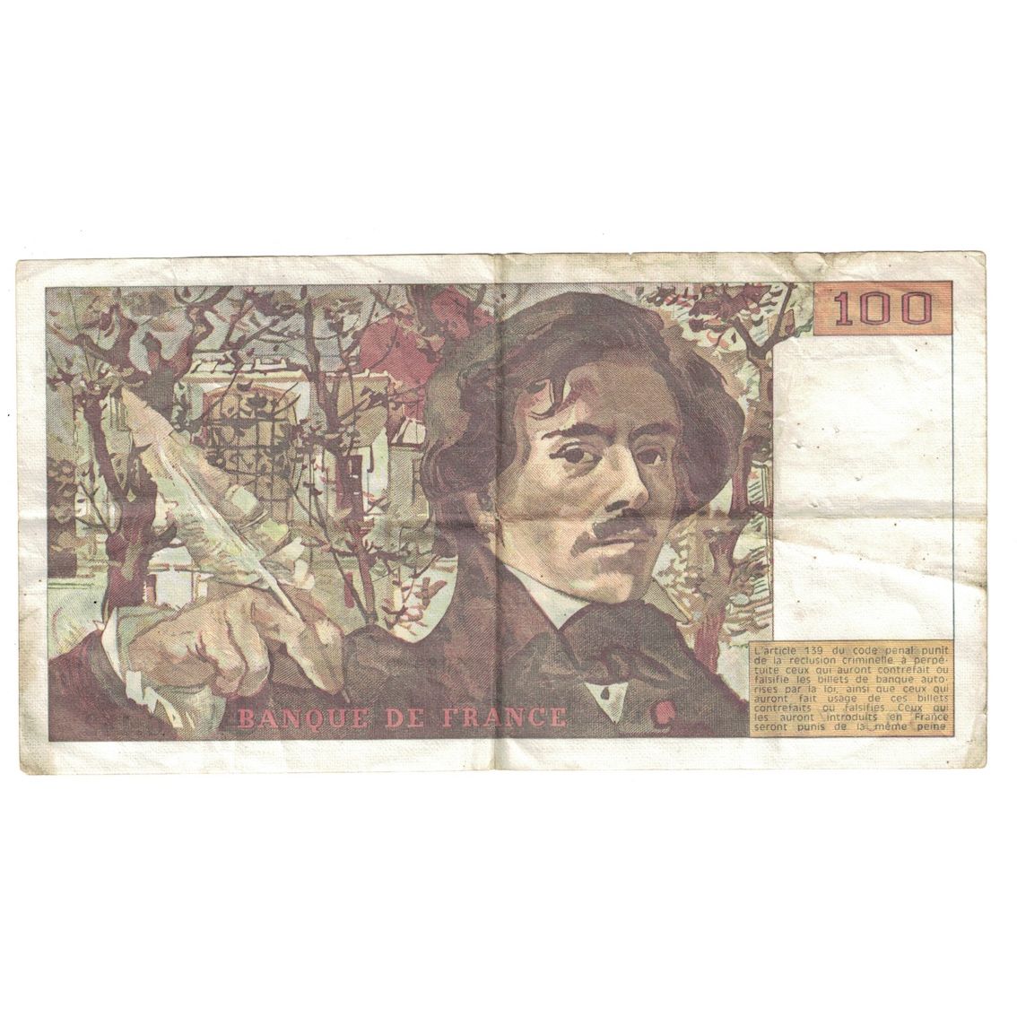 França, 100 Francs, Delacroix, 1989, G.142, VF(20-25), Fayette:69.13b, KM:154d