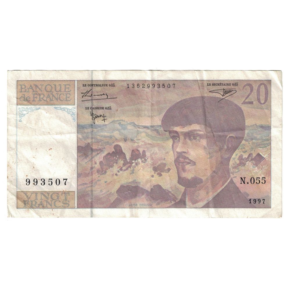 France, 20 Francs, Debussy, 1997, M.053, VF(30-35), Fayette:66ter.02A55, KM:151i