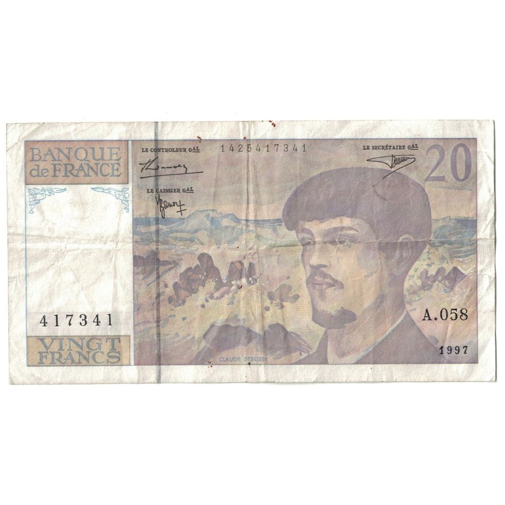 França, 20 Francs, Debussy, 1997, A.058, VF(20-25), Fayette:66ter.02A58