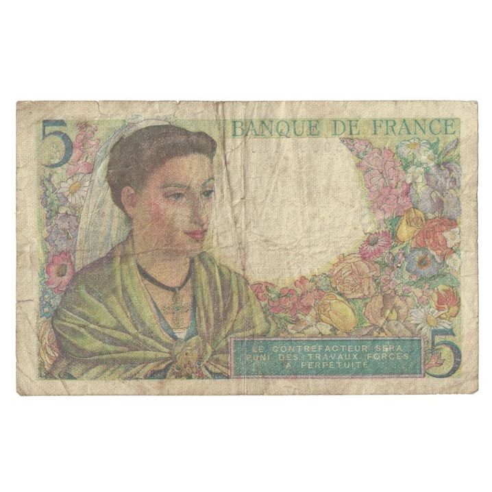 France, 5 Francs, Berger, 1943, W.24, B+, Fayette:5.1, KM:98a