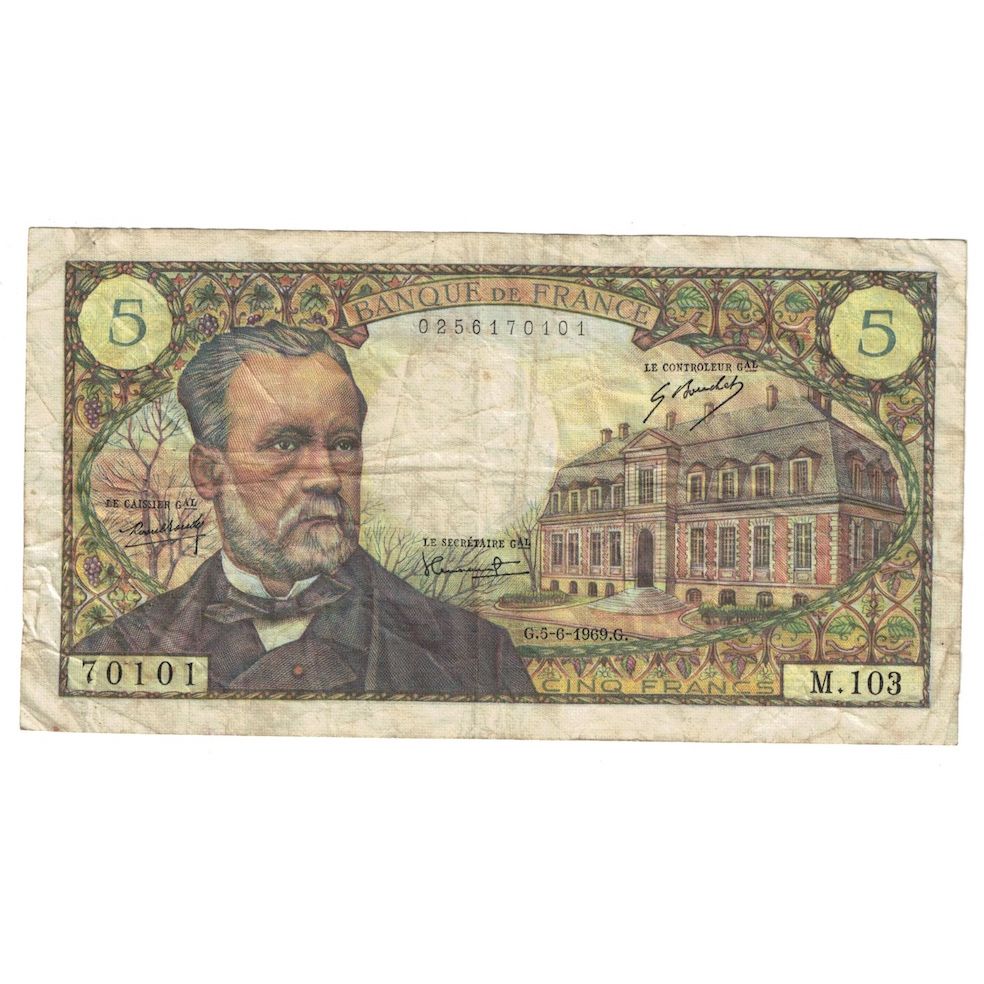 France, 5 Francs, Pasteur, 1969, M.103, TB+, Fayette:61.10, KM:146b
