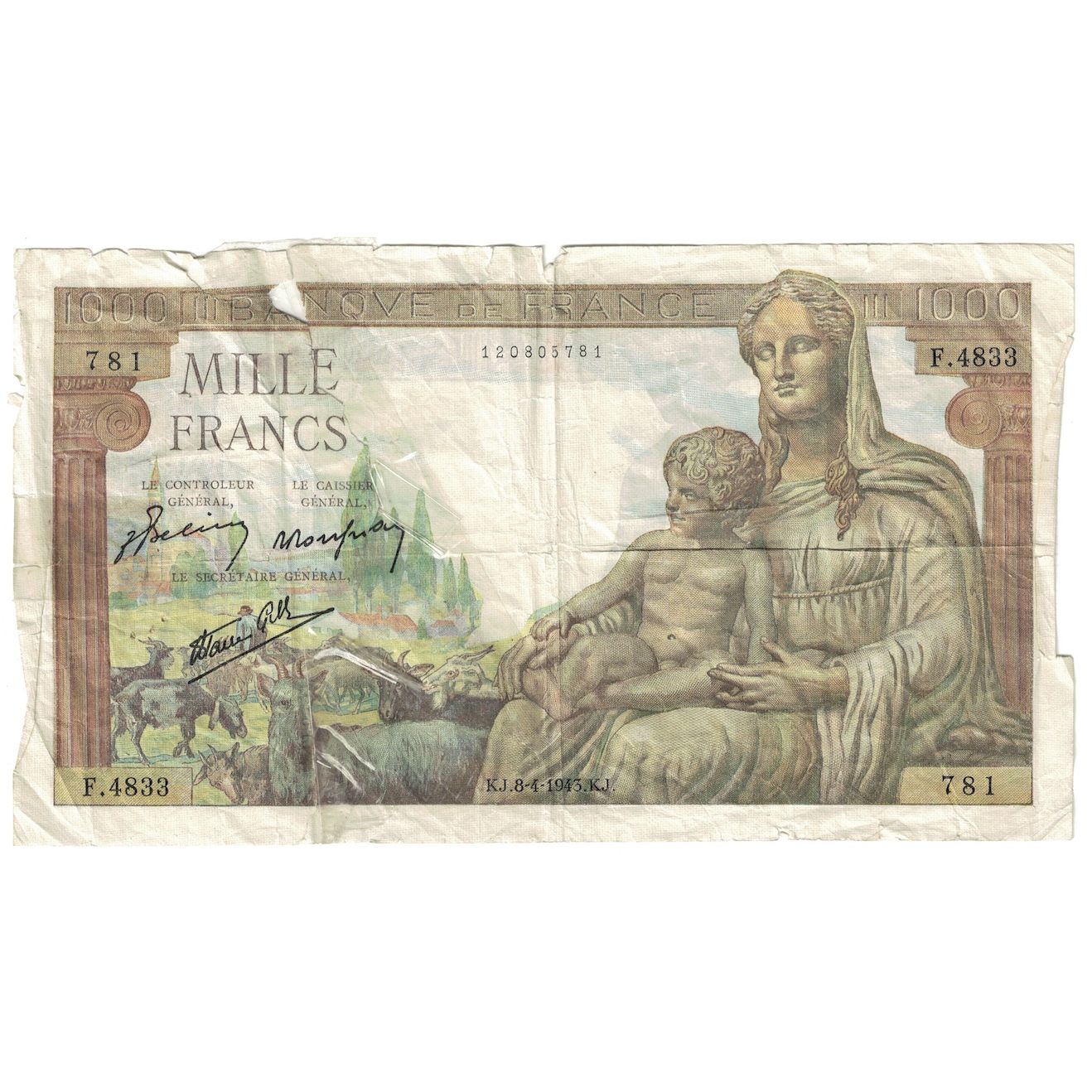 Francja, 1000 Francs, Déesse Déméter, 1943, F.4833, VG(8-10), Fayette:40.21