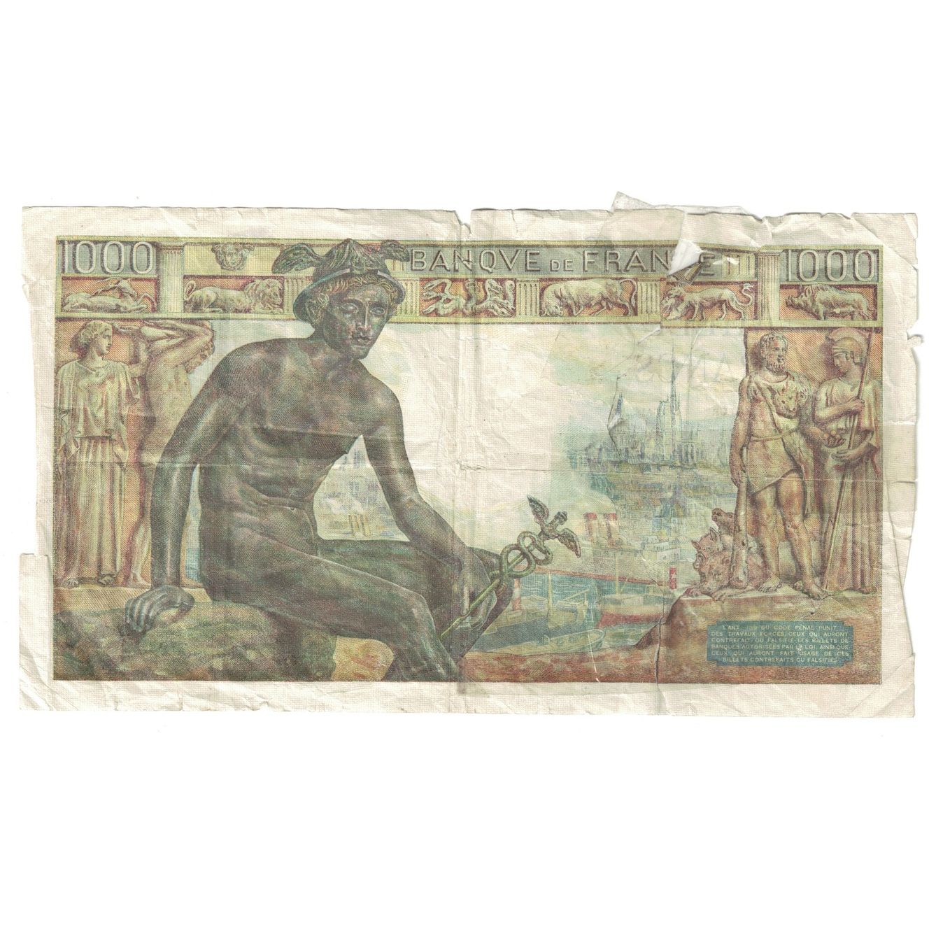 Francja, 1000 Francs, Déesse Déméter, 1943, F.4833, VG(8-10), Fayette:40.21