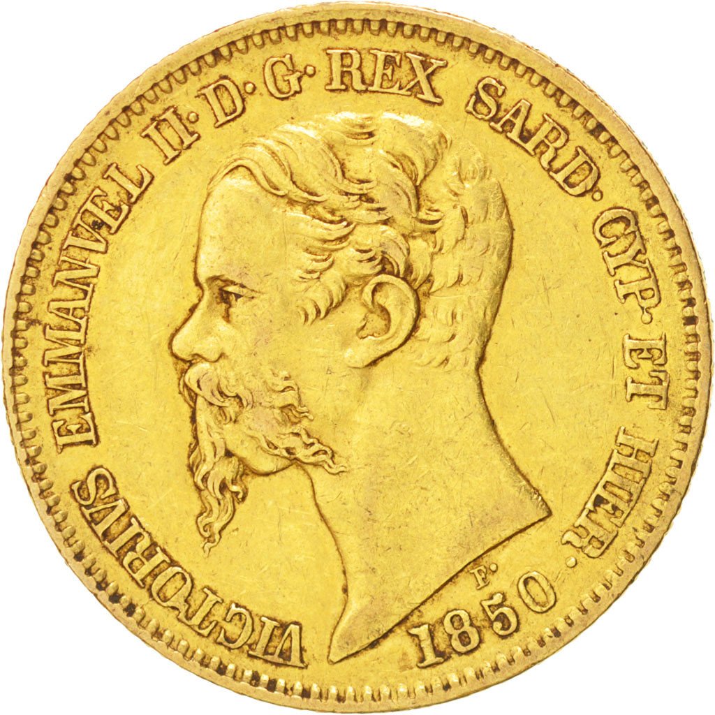 ITALIAN STATES, SARDINIA, Vittorio Emanuele II, 20 Lire, 1850, Genoa, EF(40-45)