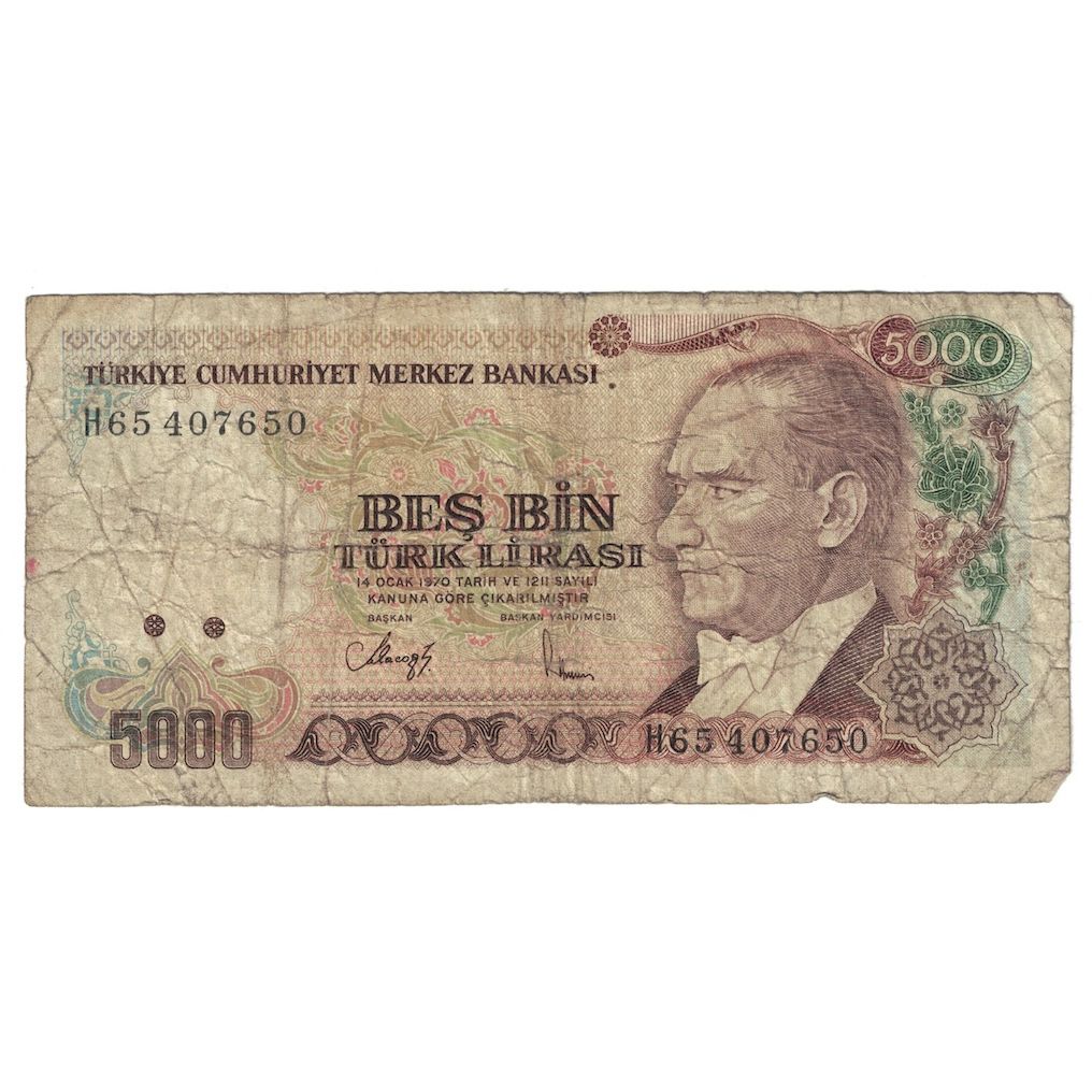 Biljet, Turkije, 5000 Lira, 1990, KM:198, B+