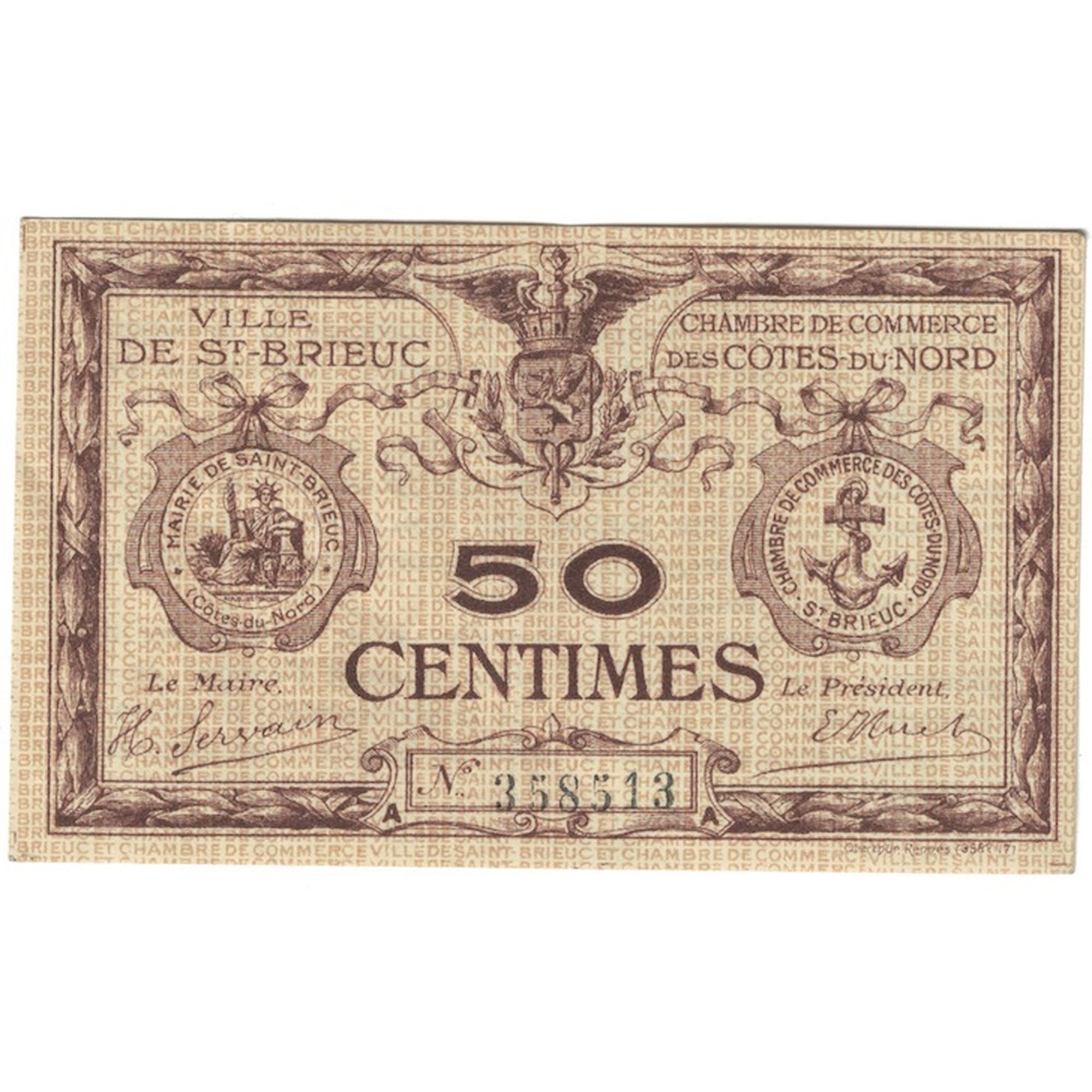 France, Saint-Brieuc, 50 Centimes, Chambre de Commerce, EF(40-45), Pirot:111-1