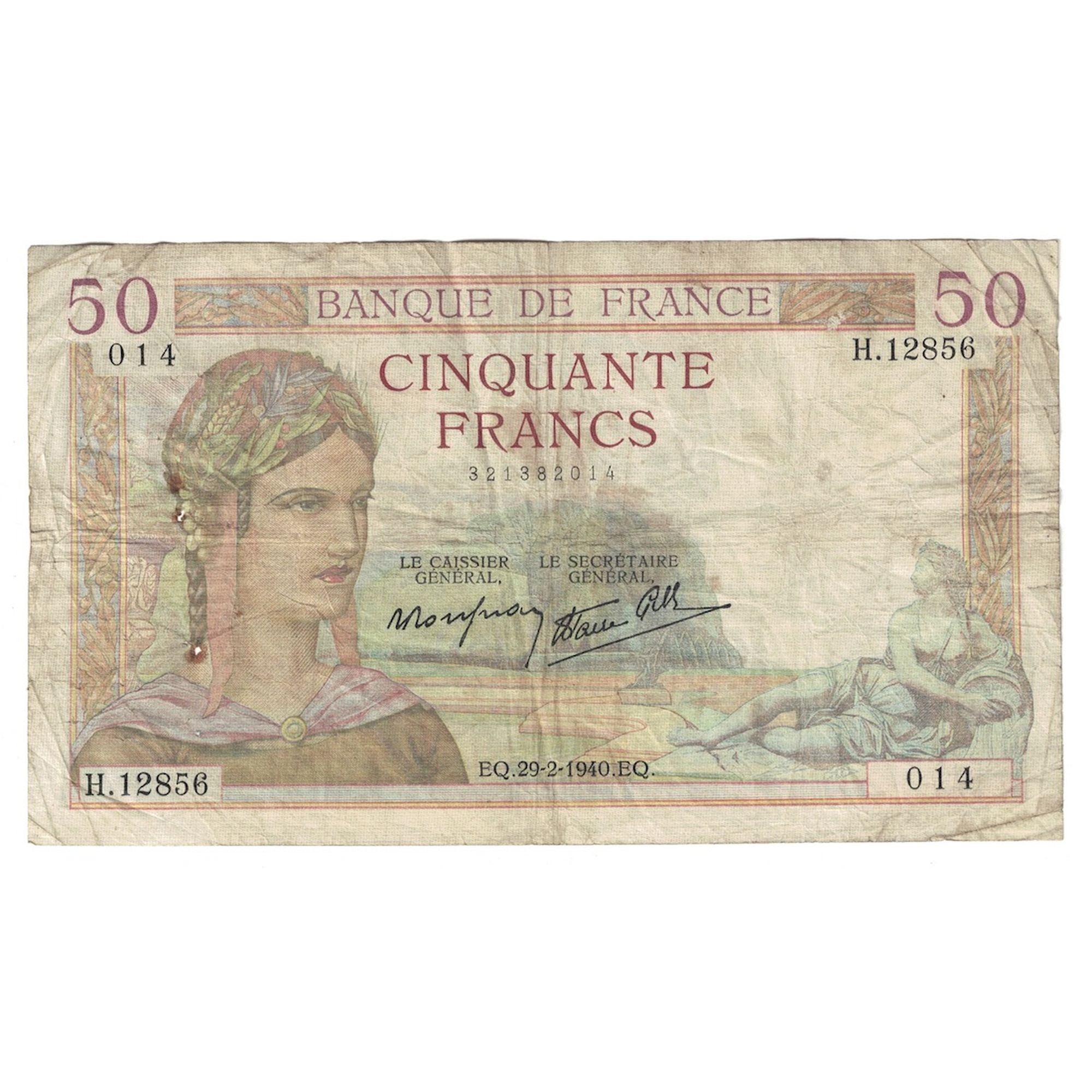 France, 50 Francs, Cérès, 1940, H.12856, TB, Fayette:18.40, KM:85b