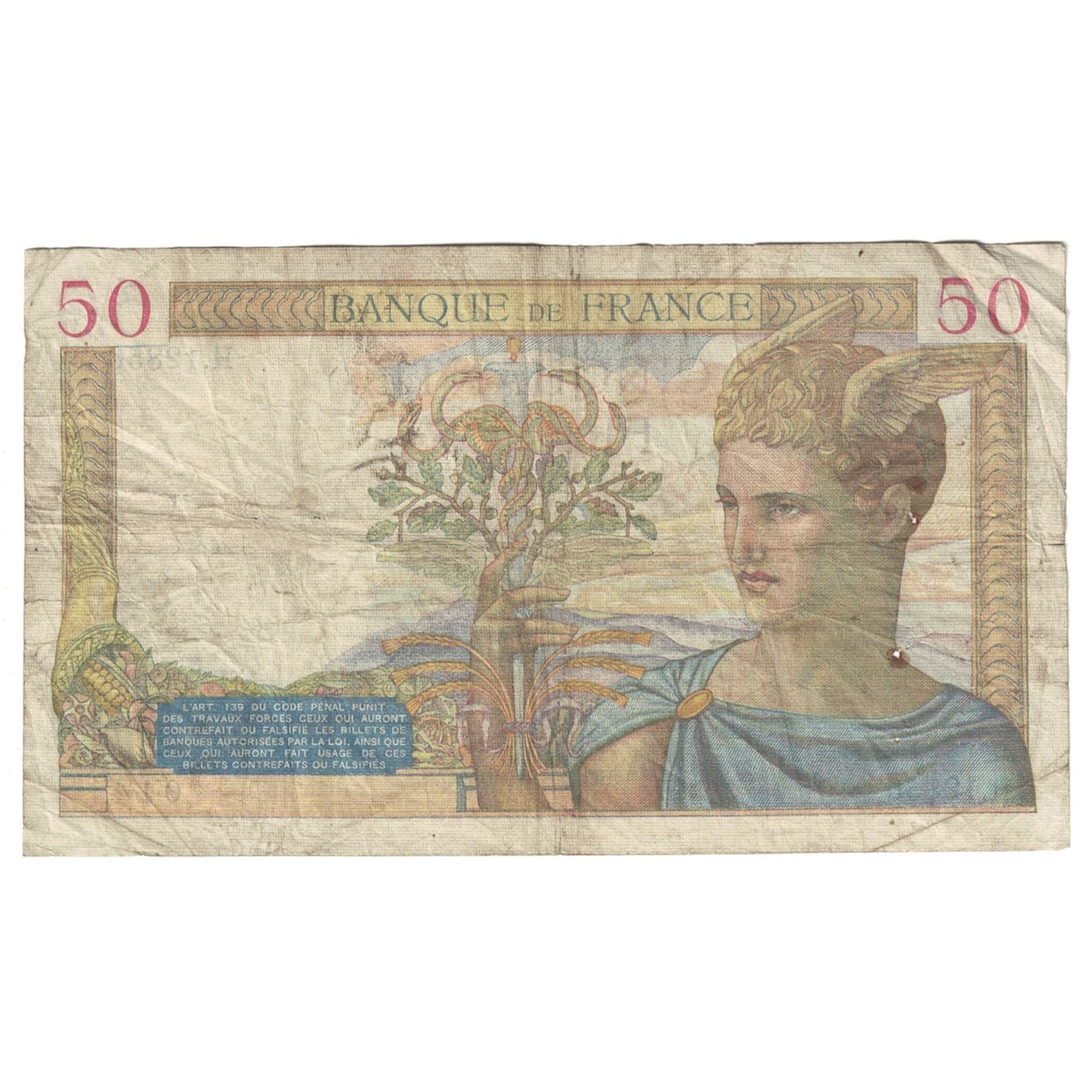 France, 50 Francs, Cérès, 1940, H.12856, TB, Fayette:18.40, KM:85b