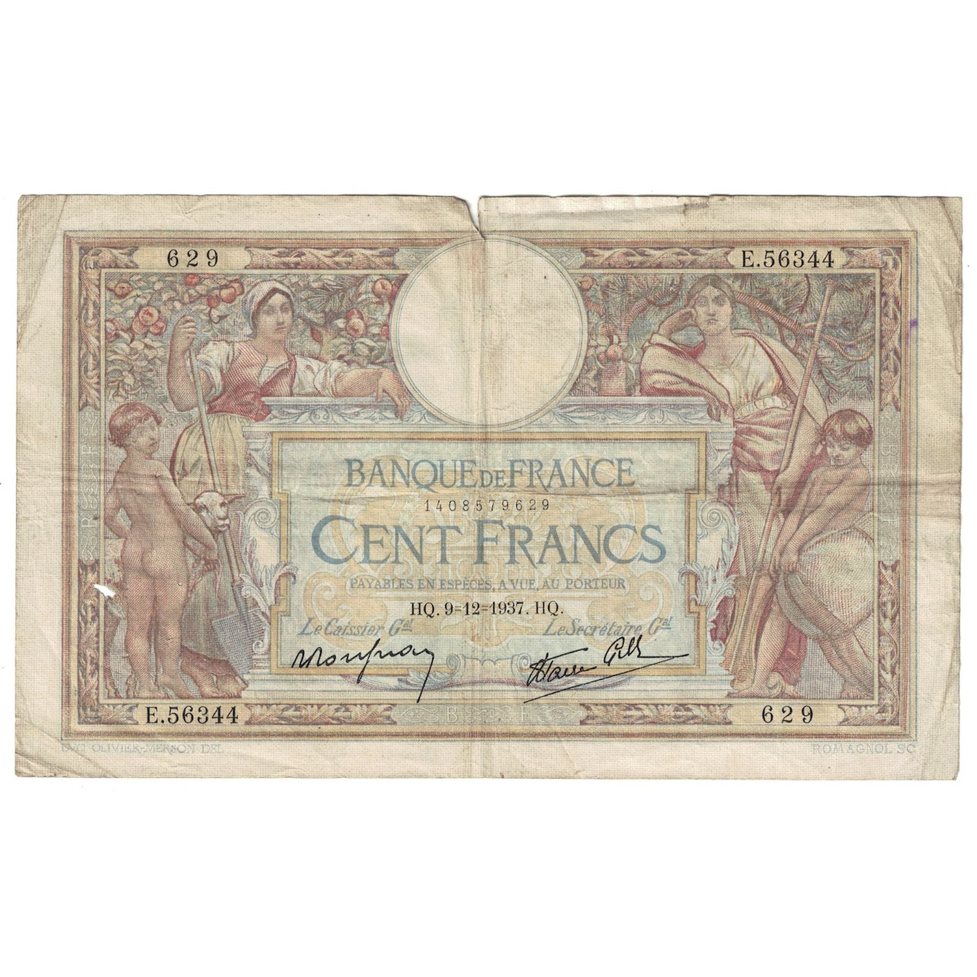 France, 100 Francs, Luc Olivier Merson, 1937, E.56344, VF(20-25), Fayette:25.5