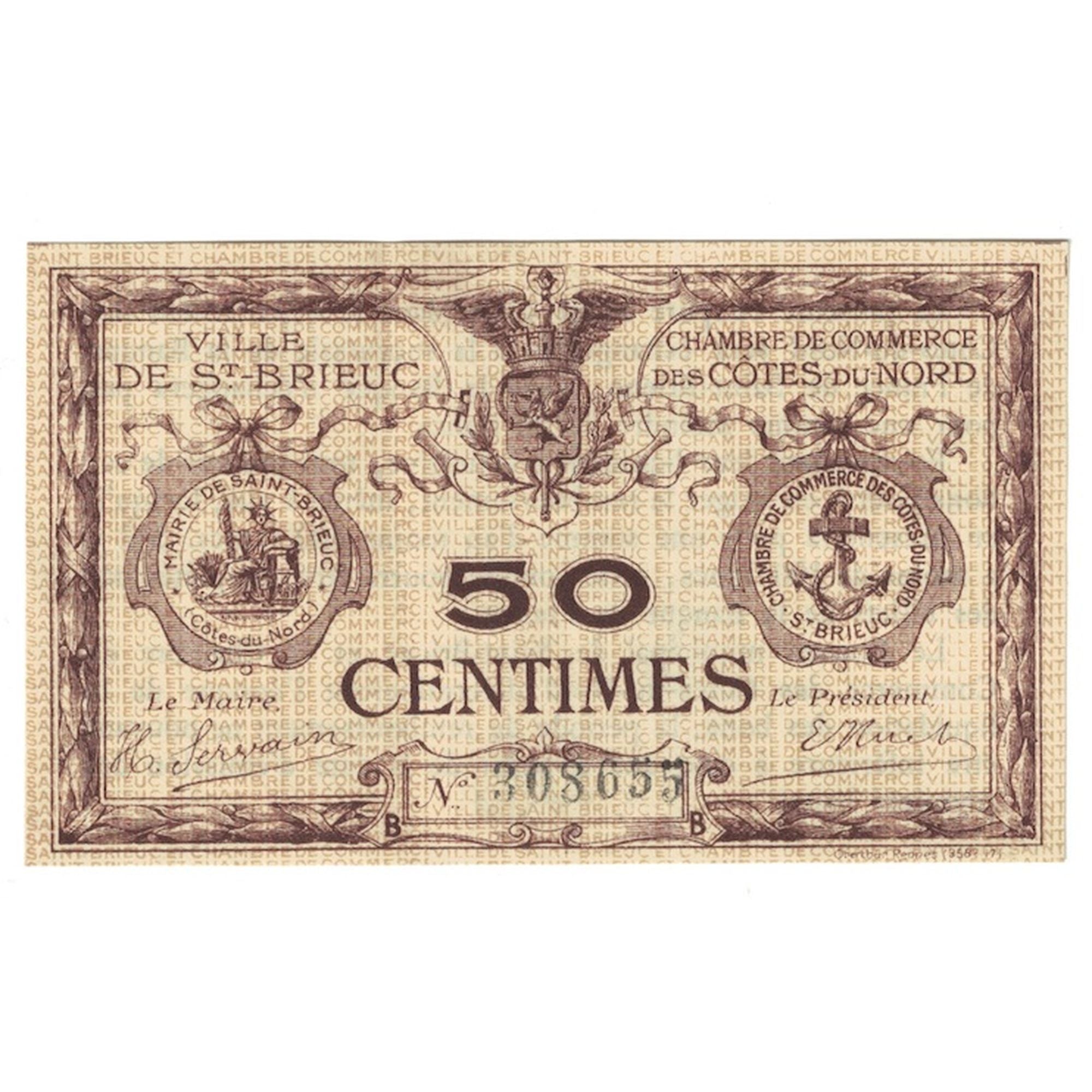 France, Saint-Brieuc, 50 Centimes, Chambre de Commerce, UNC(63), Pirot:111-1