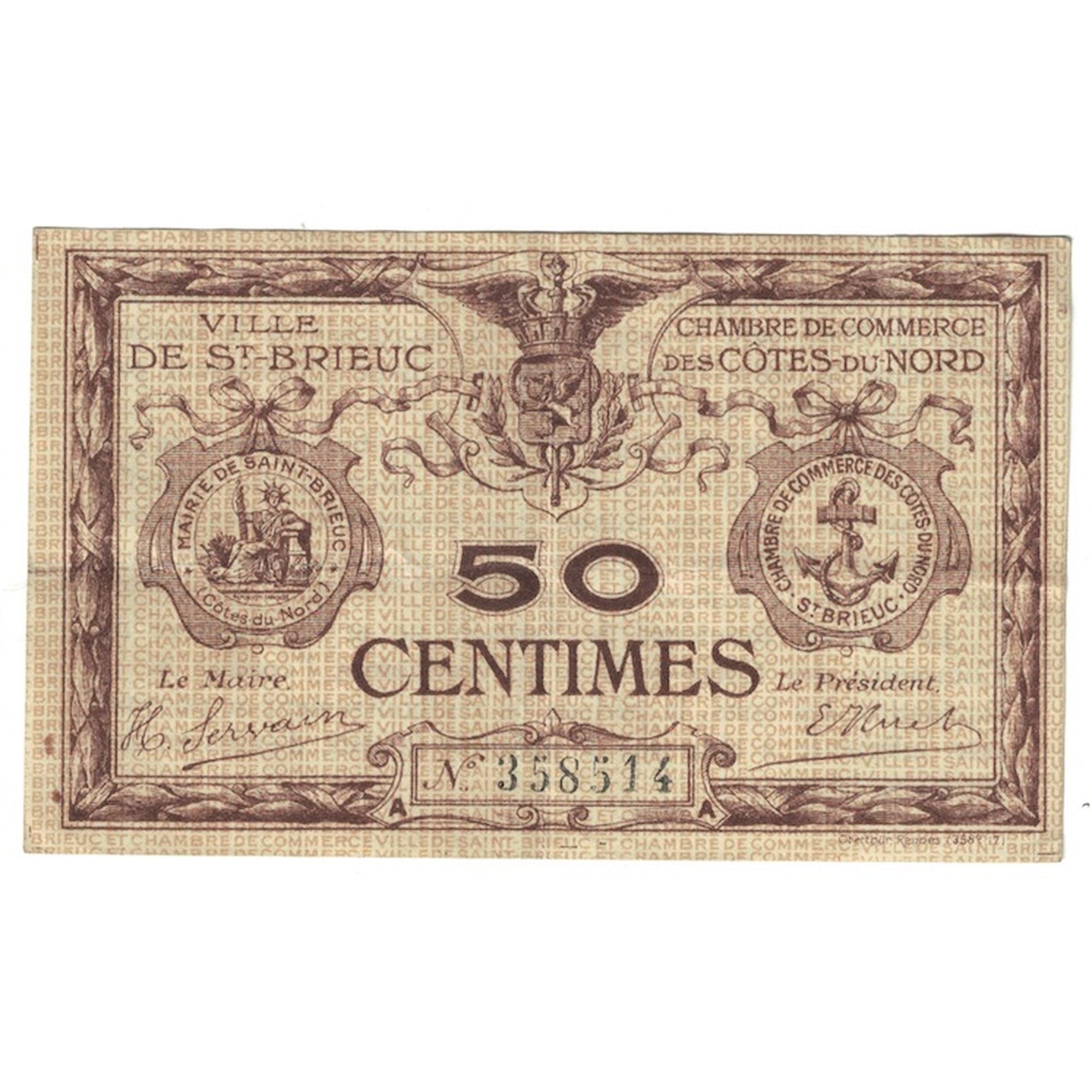 France, Saint-Brieuc, 50 Centimes, Chambre de Commerce, AU(50-53), Pirot:111-1