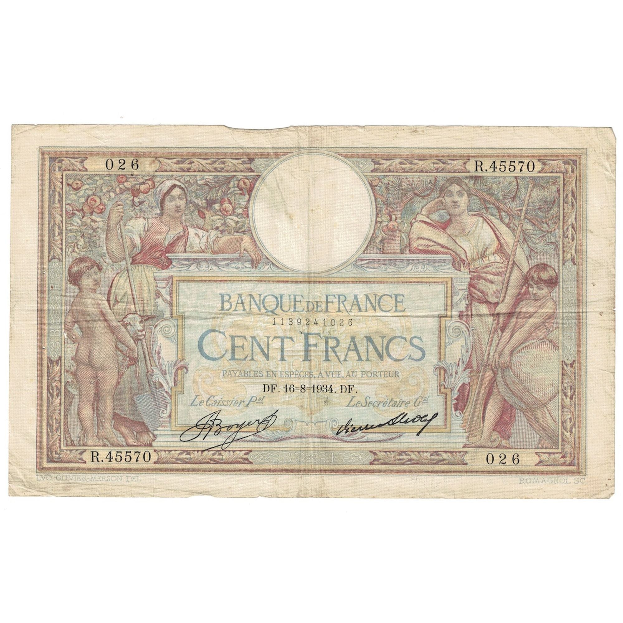 France, 100 Francs, Luc Olivier Merson, 1934, R.45570, VF(30-35), Fayette:24.13