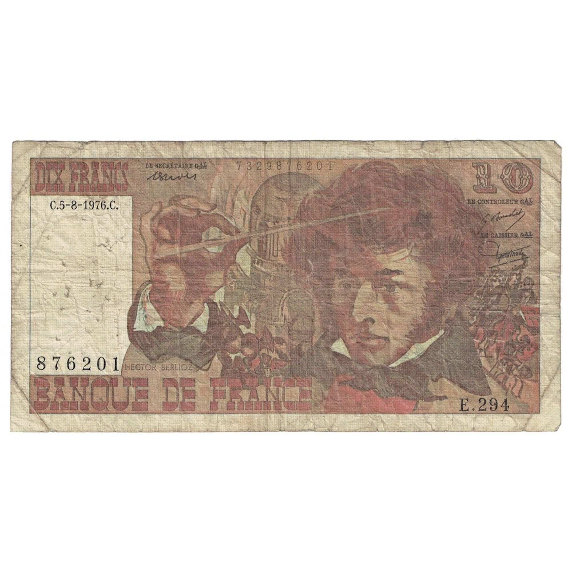 França, 10 Francs, Berlioz, 1976, E.294, VG(8-10), Fayette:63.20, KM:150c