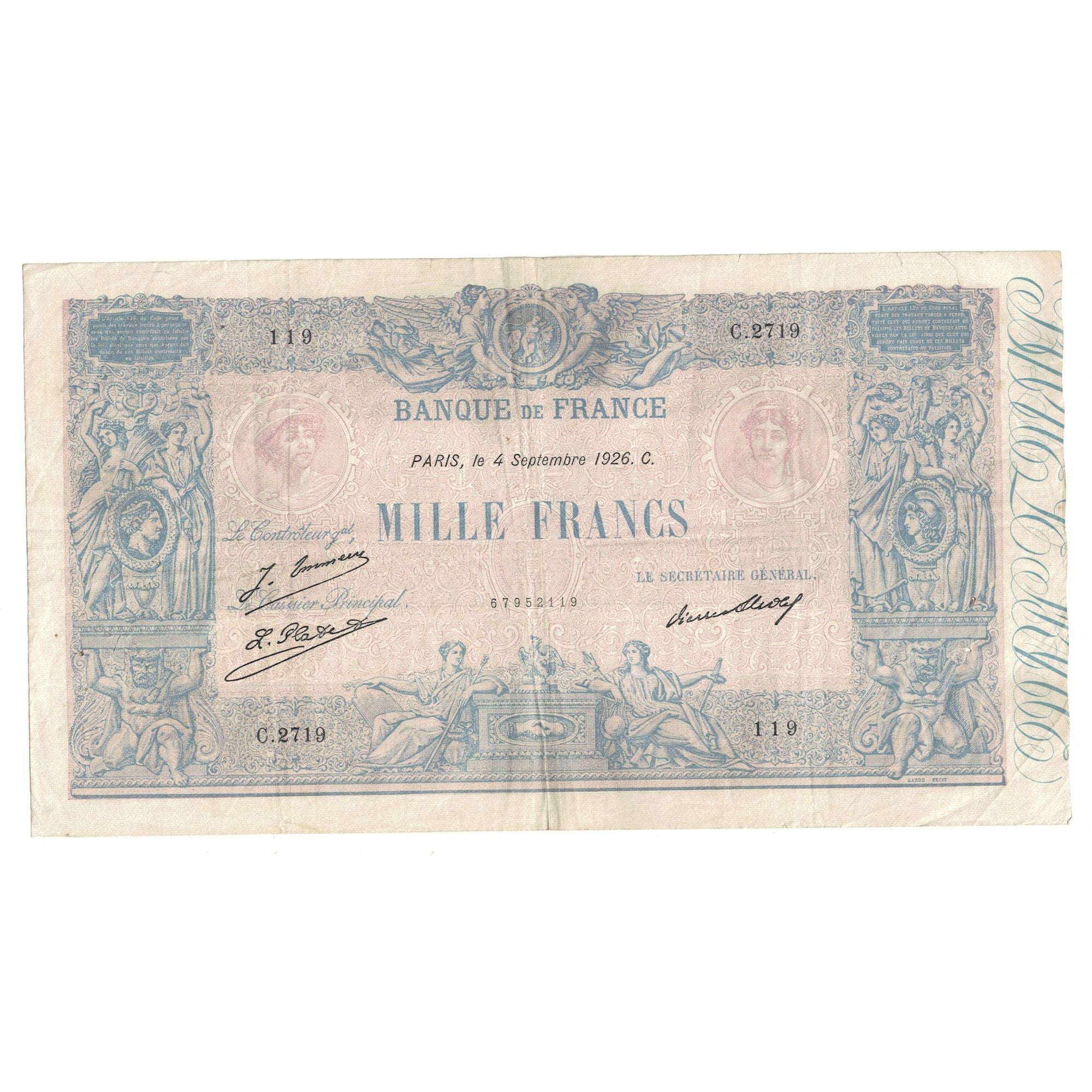 Frankreich, 1000 Francs, Bleu et Rose, 1926, C.2719, S+, Fayette:36.43, KM:67k