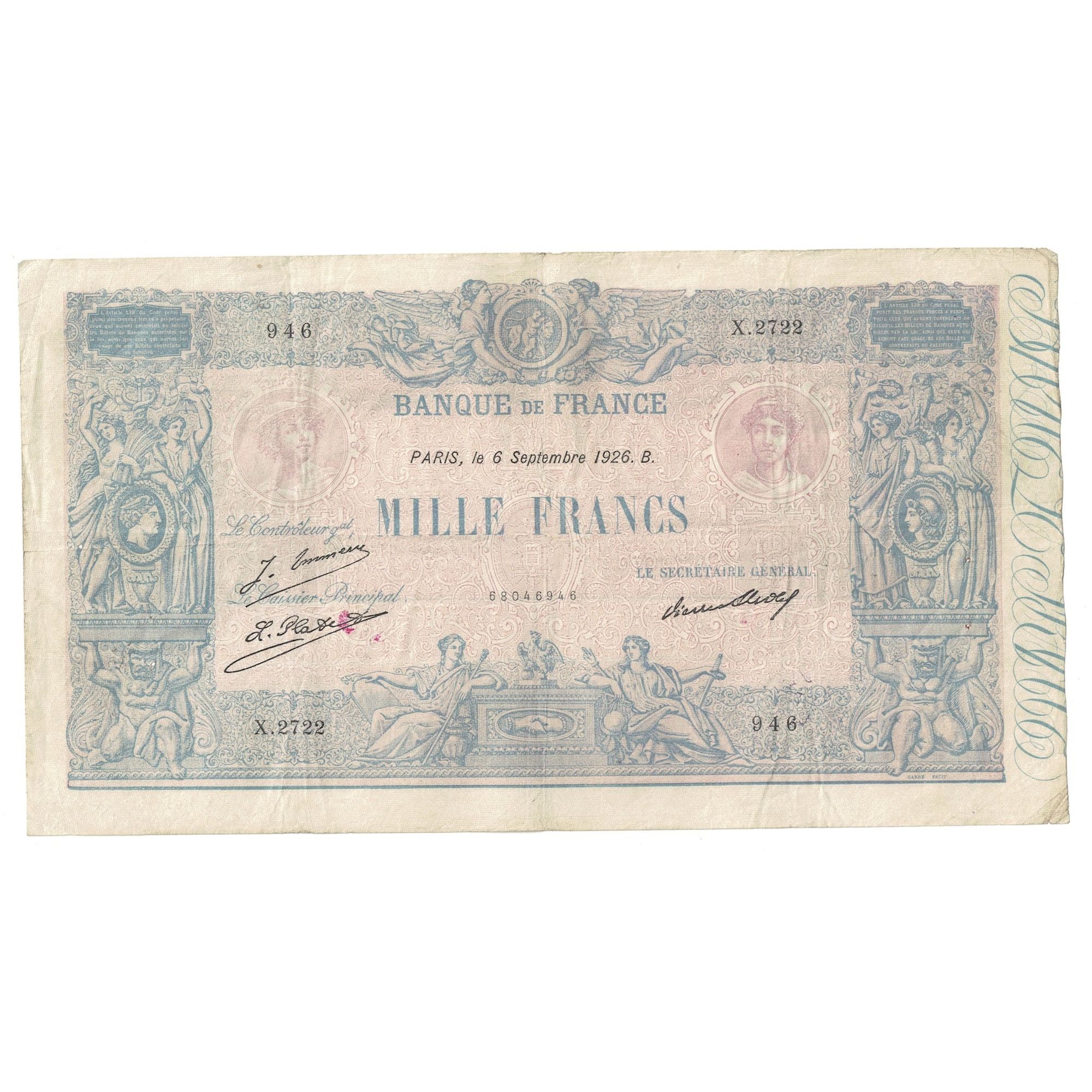 France, 1000 Francs, Bleu et Rose, 1926, X.2722, TB+, Fayette:36.43, KM:67k