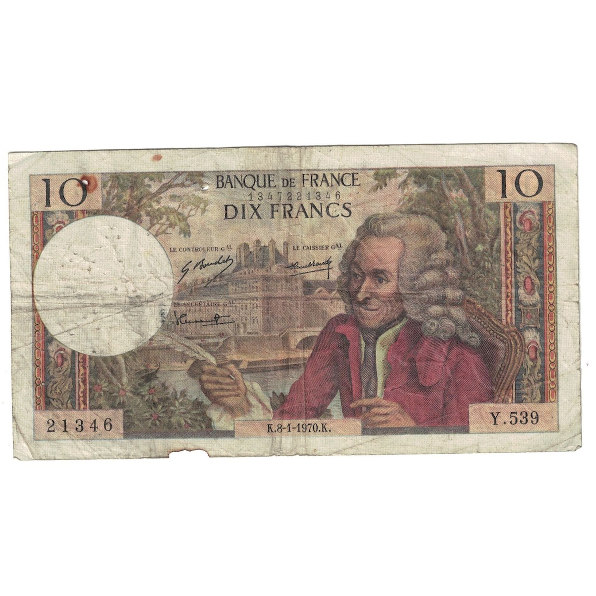 França, 10 Francs, Voltaire, 1970, Y.539, F(12-15), Fayette:62.41, KM:147c