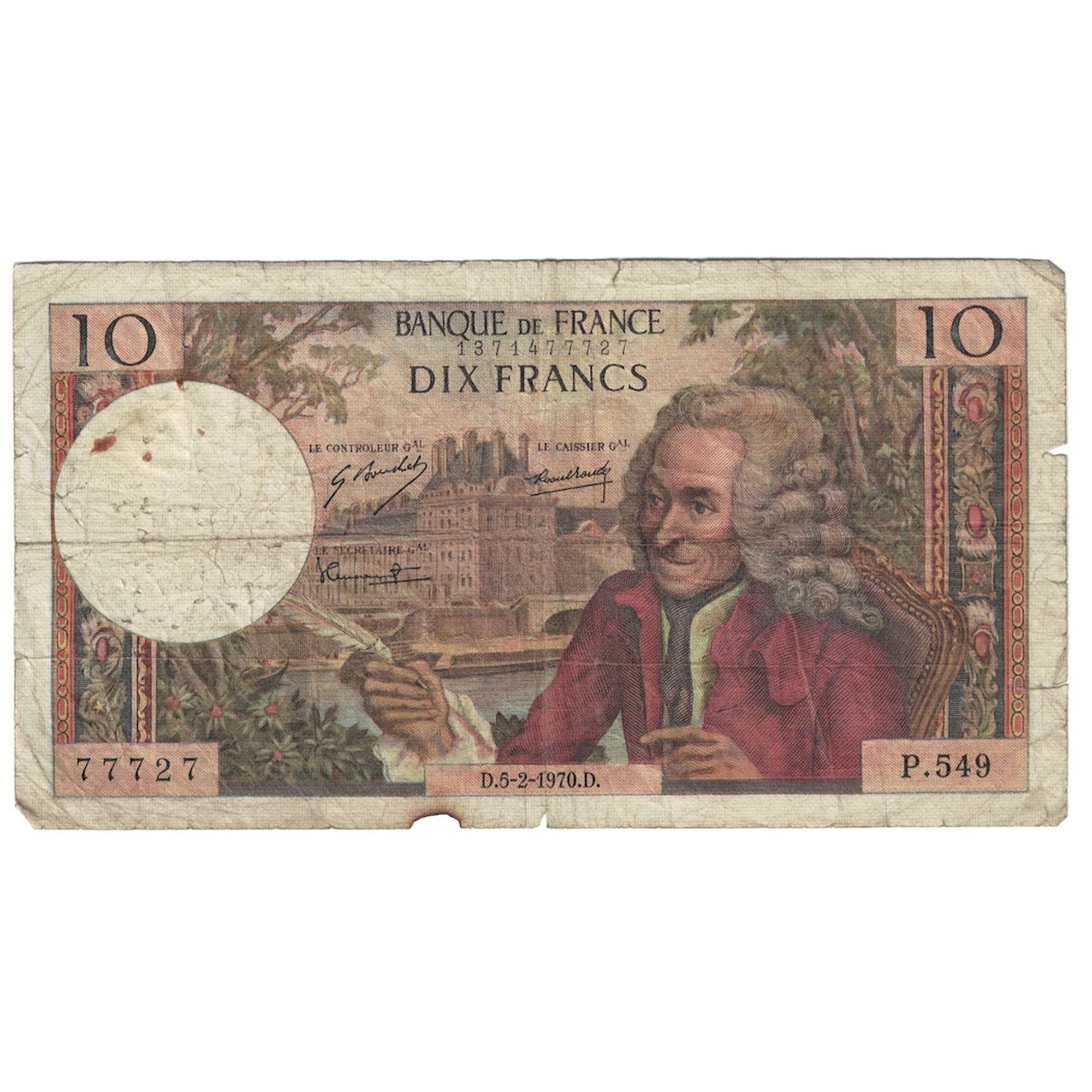 France, 10 Francs, Voltaire, 1970, P.549, F(12-15), Fayette:62.42, KM:147c