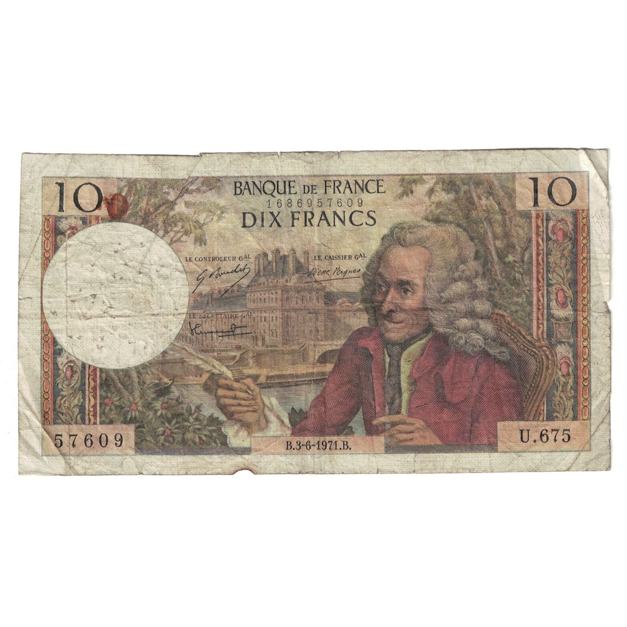 França, 10 Francs, Voltaire, 1971, U.675, VF(20-25), Fayette:62.50, KM:147d