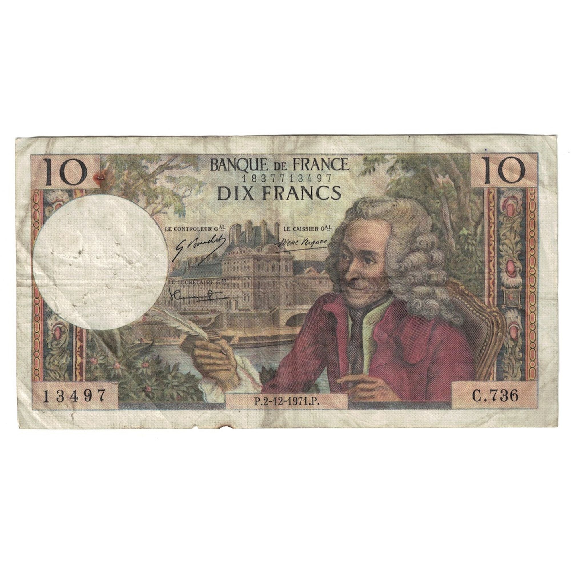 França, 10 Francs, Voltaire, 1971, C.736, VF(20-25), Fayette:62.53, KM:147d