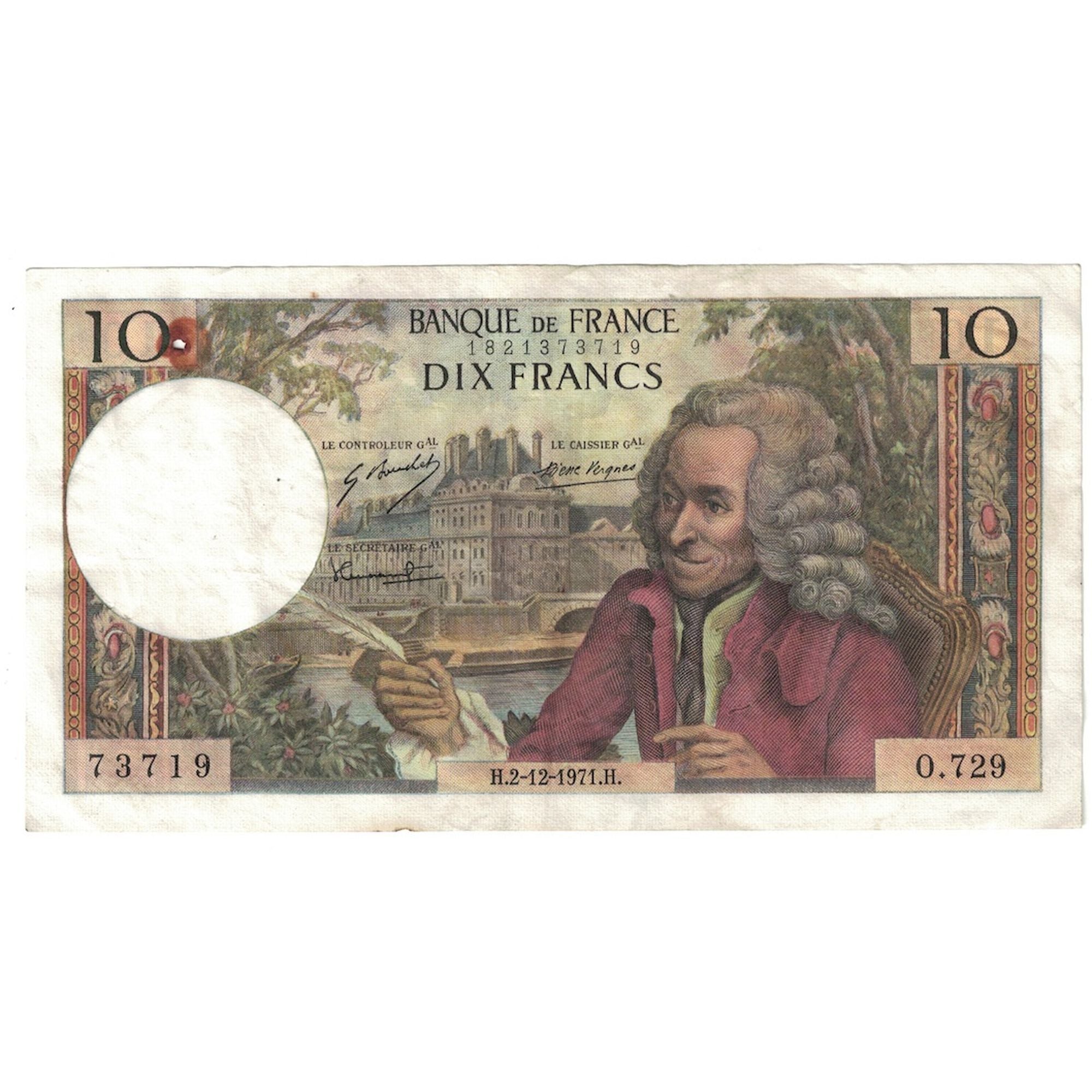 France, 10 Francs, Voltaire, 1971, O.729, EF(40-45), Fayette:62.53, KM:147d