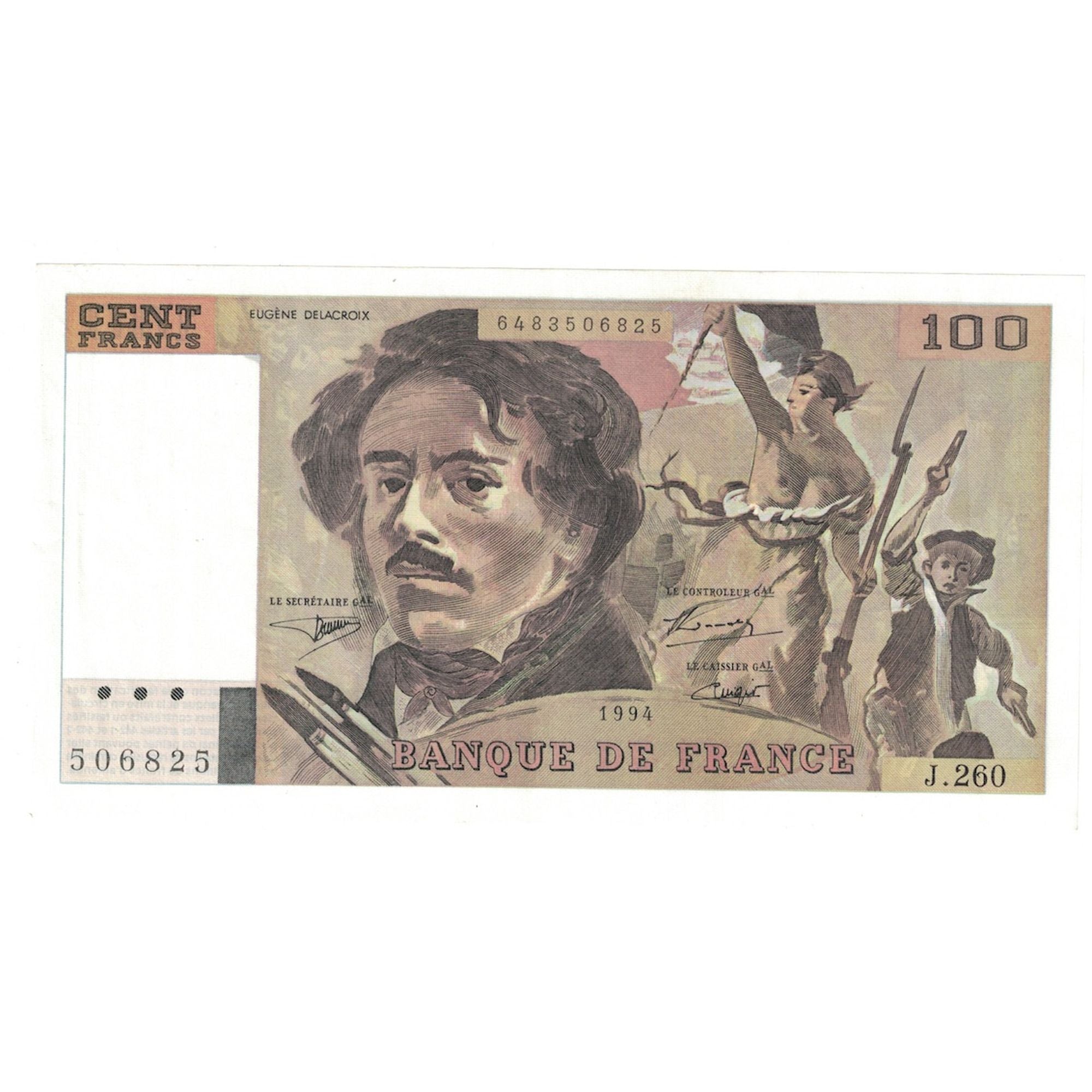 France, 100 Francs, Delacroix, 1994, J.260, AU(55-58), Fayette:69ter.1a, KM:154h