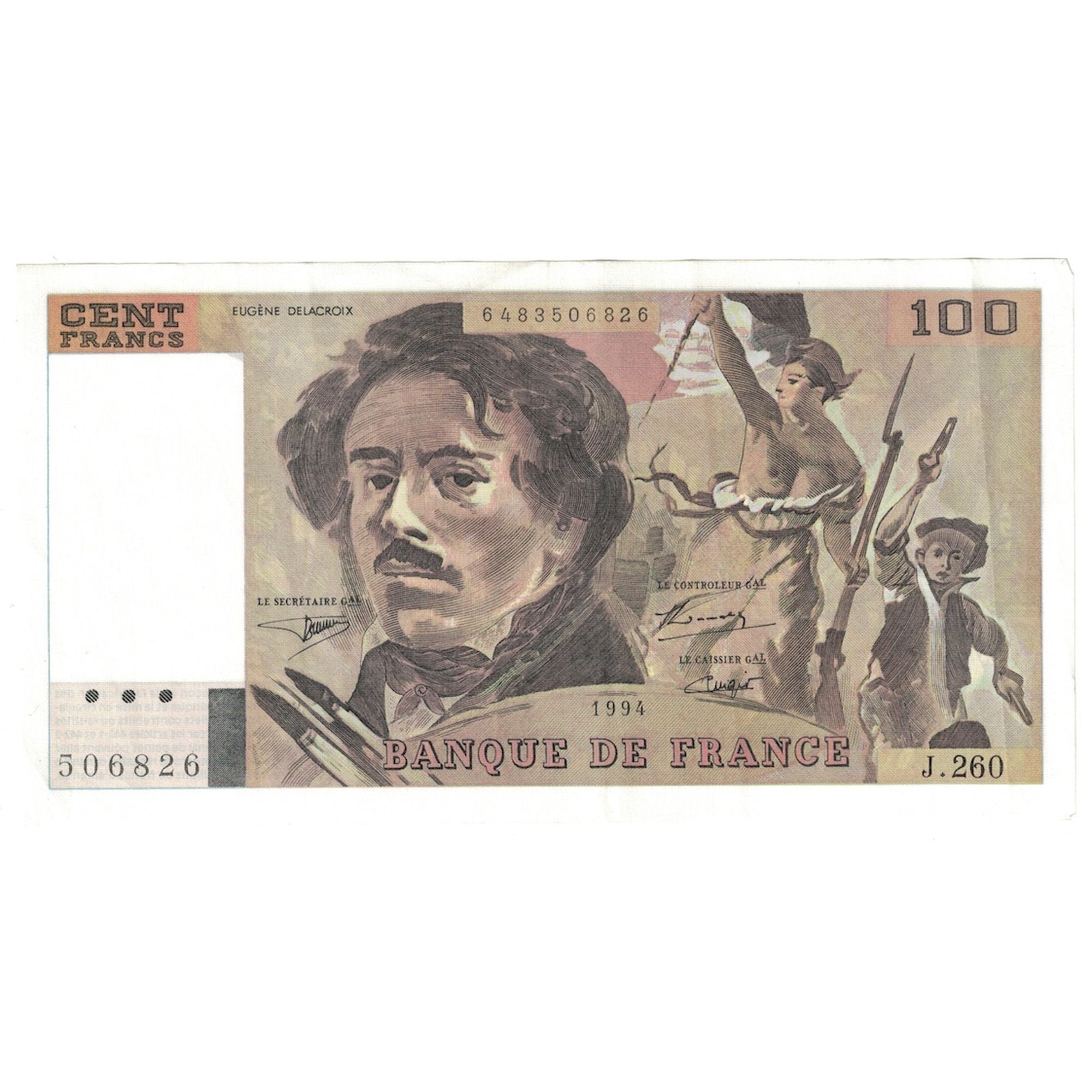 França, 100 Francs, Delacroix, 1994, J.260, AU(55-58), Fayette:69ter.1a