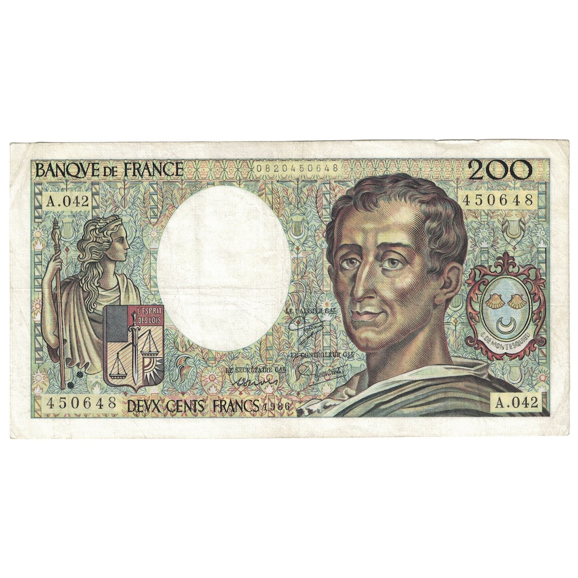 Francia, 200 Francs, Montesquieu, 1986, A.042, MB+, Fayette:70.6, KM:155a