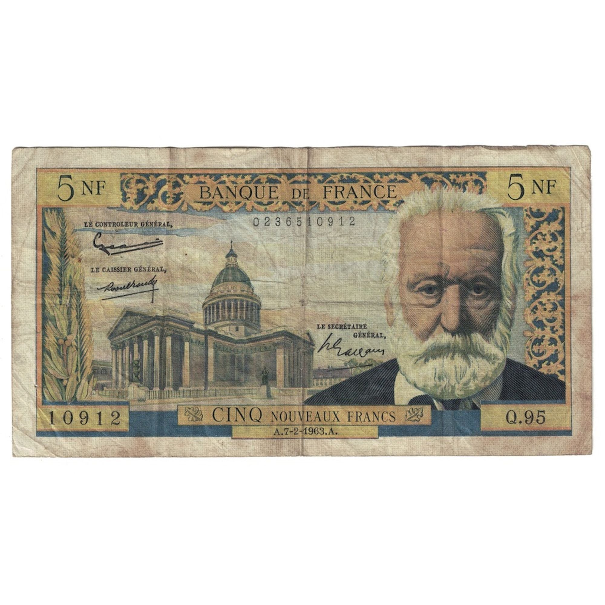France, 5 Nouveaux Francs, Victor Hugo, 1963, Q.95, TB+, Fayette:56.13, KM:141a