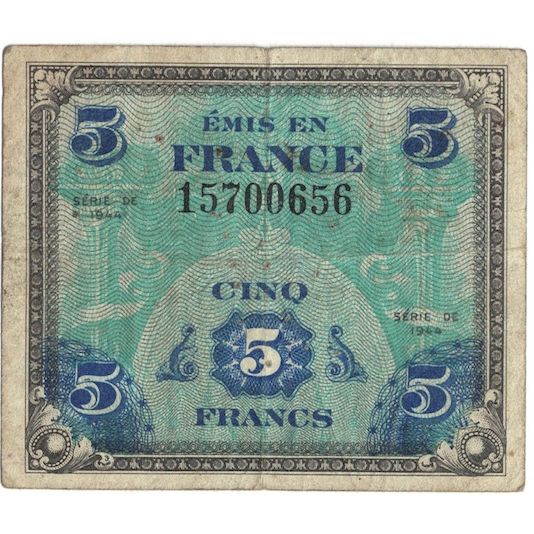Francia, 5 Francs, Flag/France, 1944, MB+, Fayette:VF17.1, KM:115a