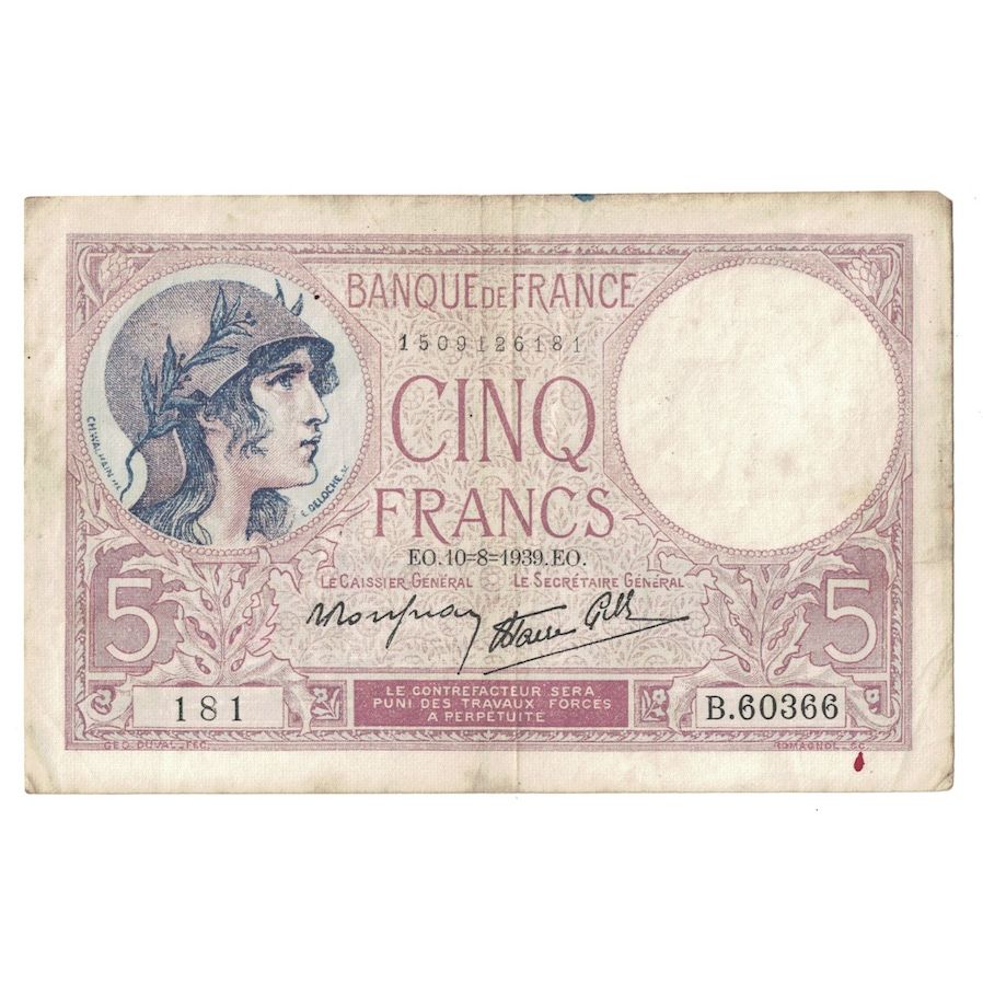 Frankrijk, 5 Francs, Violet, 1939, B.60366, TB+, Fayette:4.5, KM:83