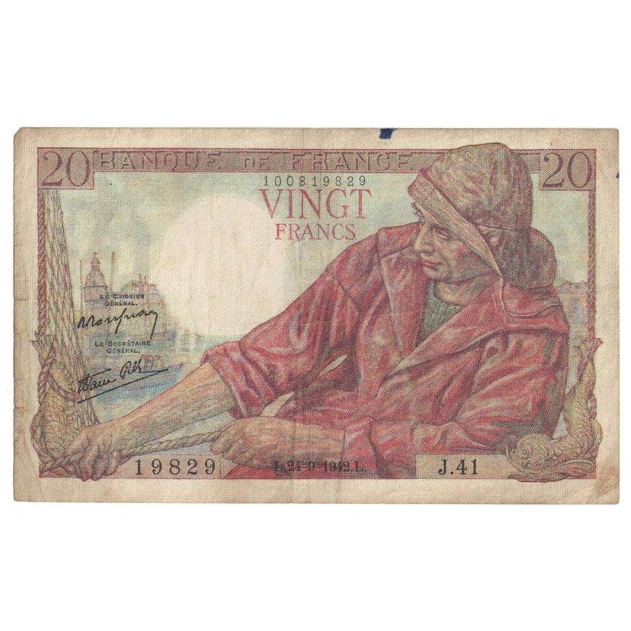 Frankreich, 20 Francs, Pêcheur, 1942, J.41, S+, Fayette:13.3, KM:100a