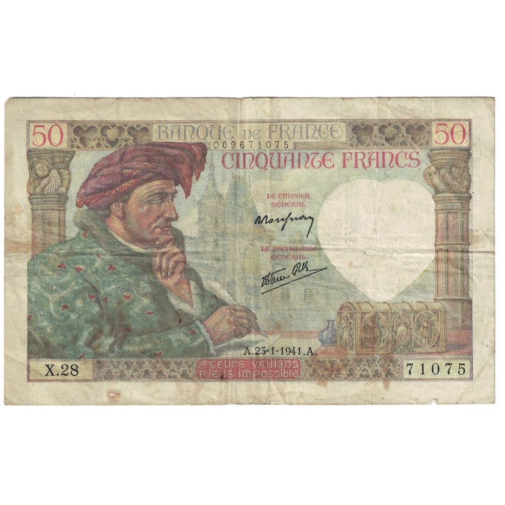 France, 50 Francs, Jacques Coeur, 1941, X.28, VF(30-35), Fayette:19.5, KM:93