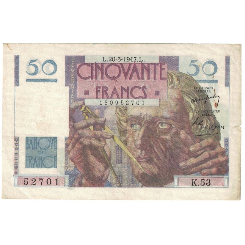France, 50 Francs, Le Verrier, 1947, K.53, AU(50-53), Fayette:20.7, KM:127b