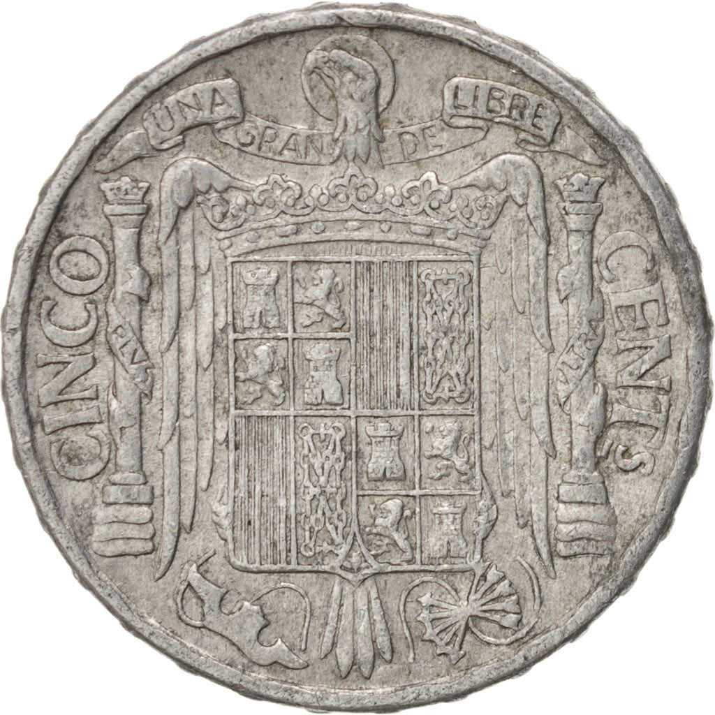 Coin, Spain, 5 Centimos, 1945, EF(40-45), Aluminum, KM:765