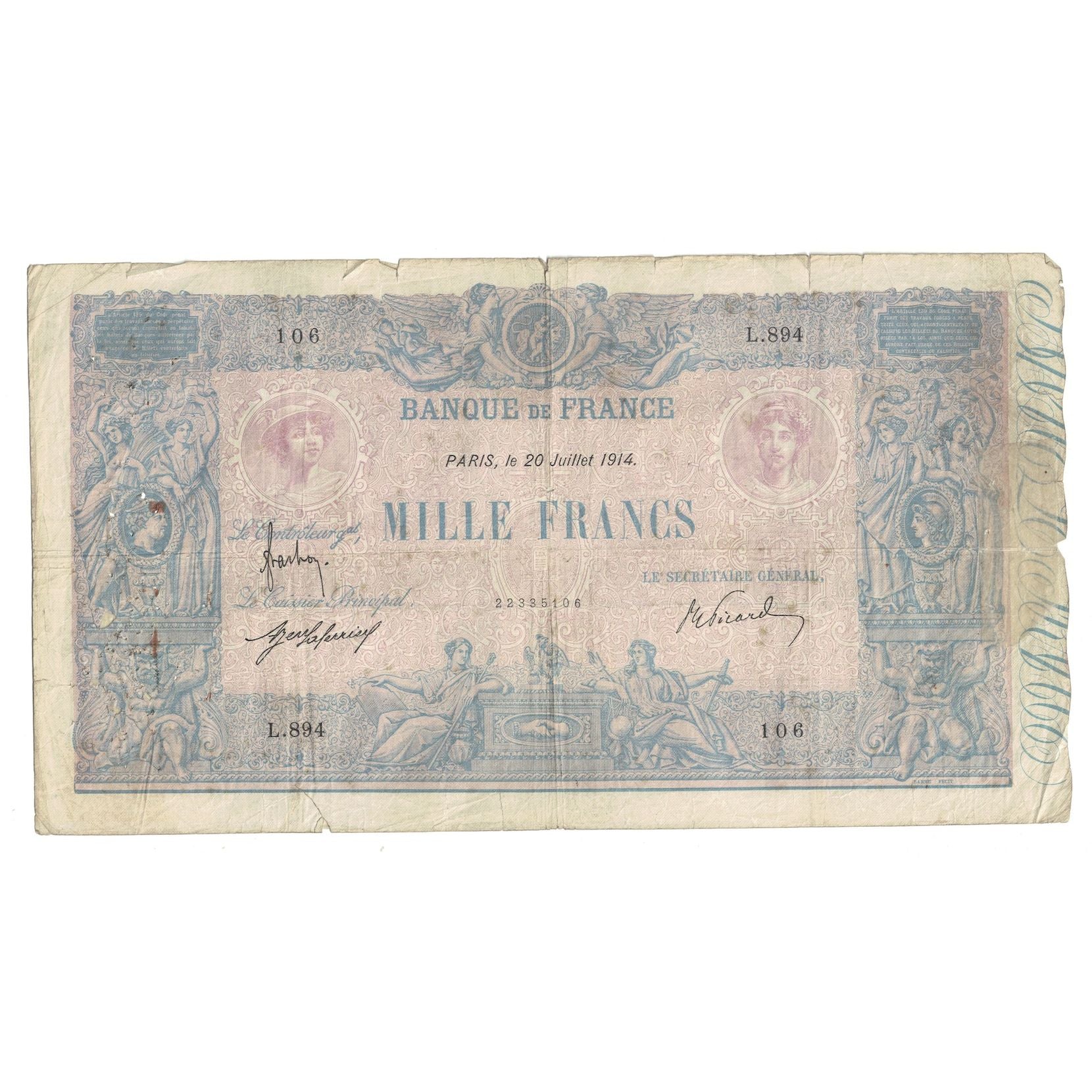 Francia, 1000 Francs, Bleu et Rose, 1914, L.894, MB, Fayette:36.28, KM:67g