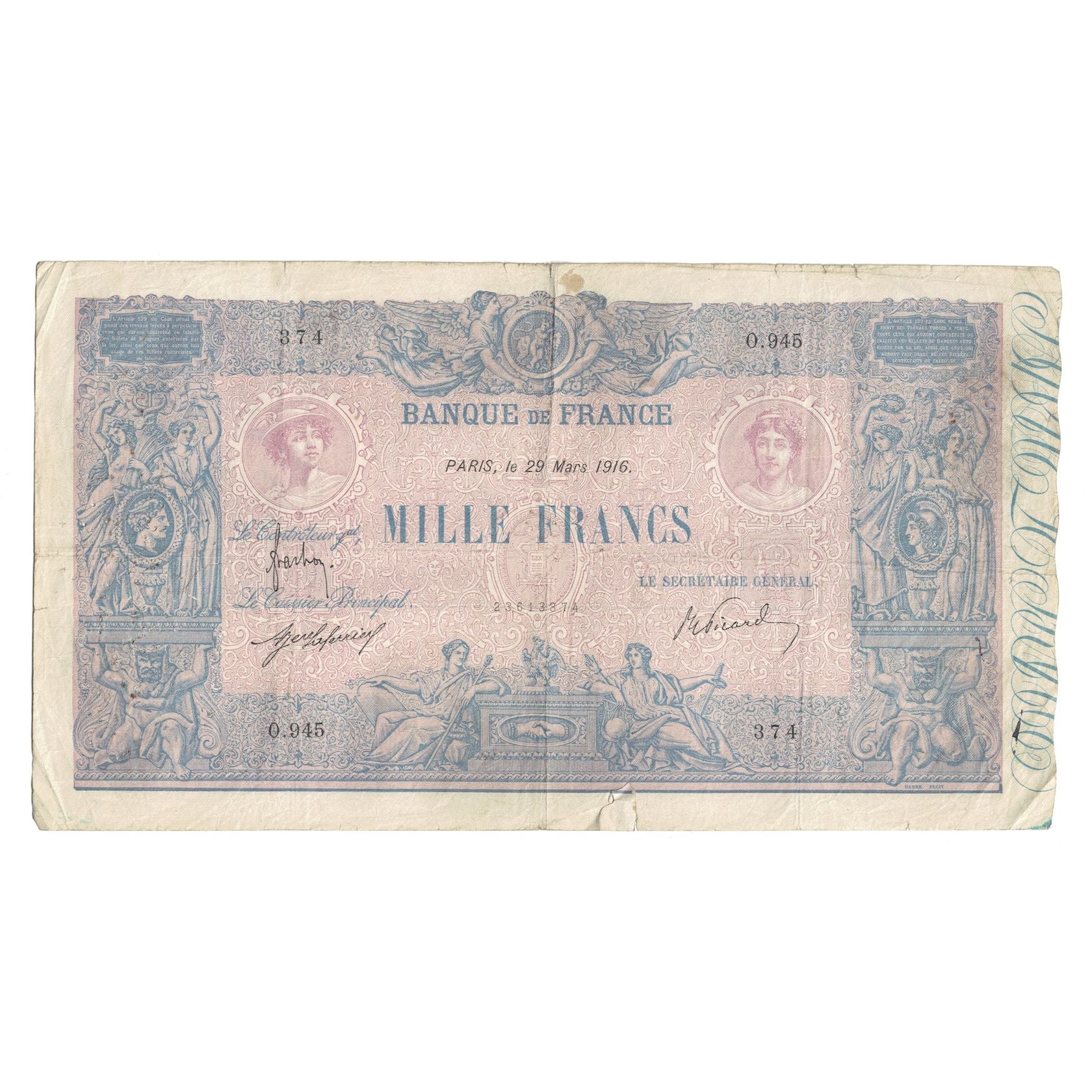 Frankreich, 1000 Francs, Bleu et Rose, 1916, O.945, S+, Fayette:36.30, KM:67g