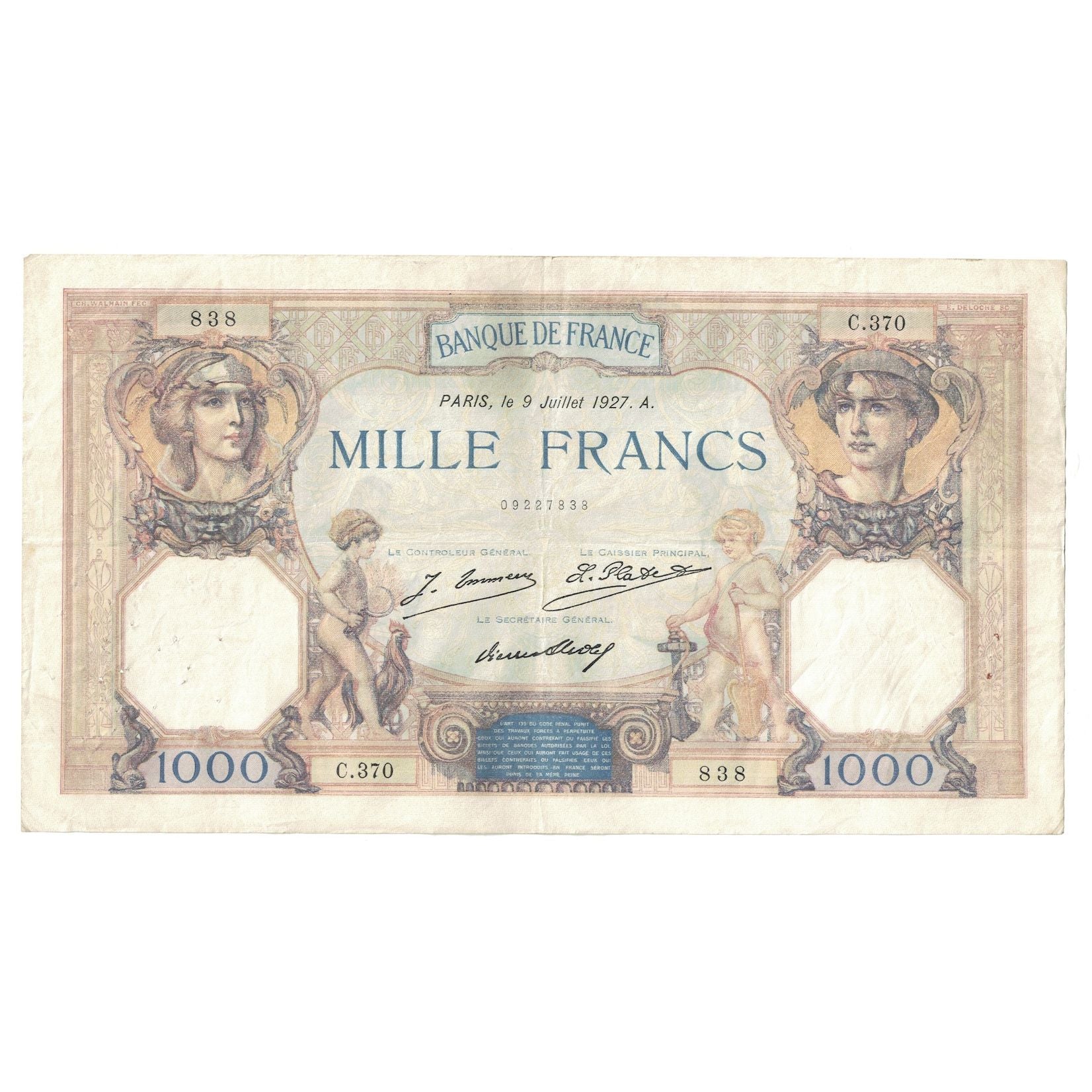 Frankreich, 1000 Francs, Cérès et Mercure, 1927, C.370, SS, Fayette:37.1