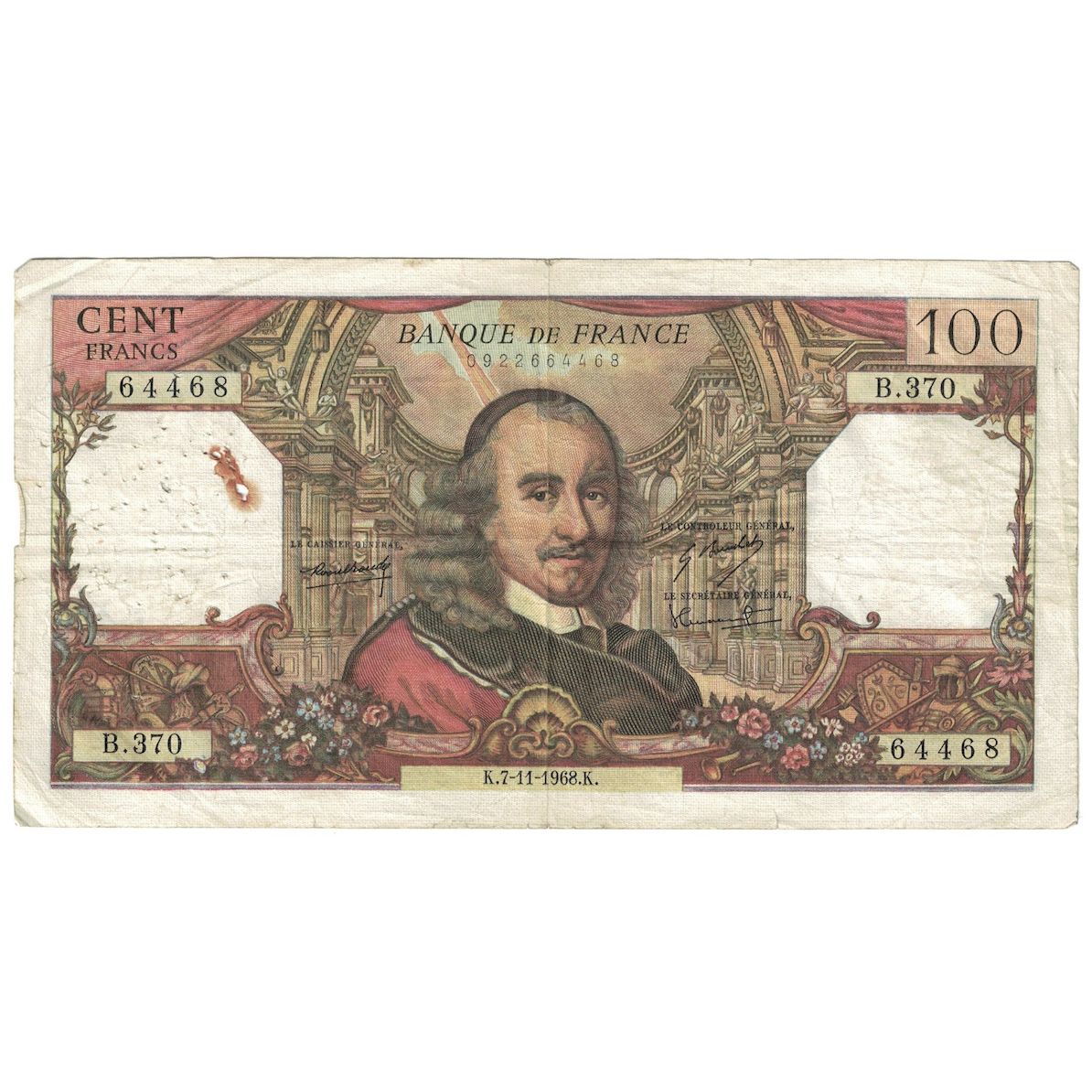 France, 100 Francs, Corneille, 1968, B.370, VF(20-25), Fayette:65.24, KM:149c