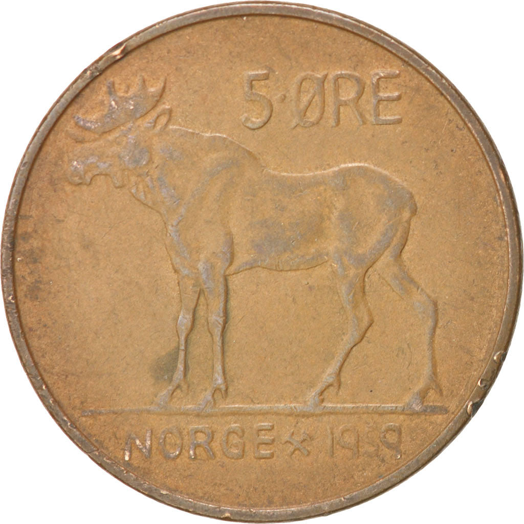 Norway, Olav V, 5 Öre, 1959, AU(50-53), Bronze, KM:405